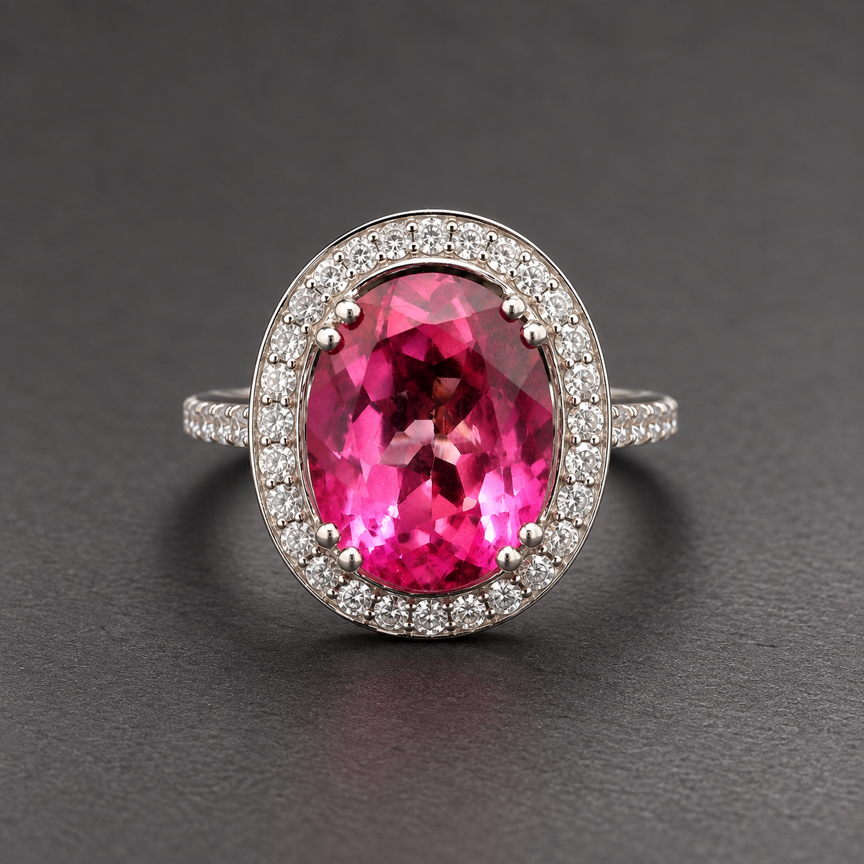 925 Sterling Silver 5.72 Ct Oval Pink Topaz White Zircon Ring 7 US Ring Size