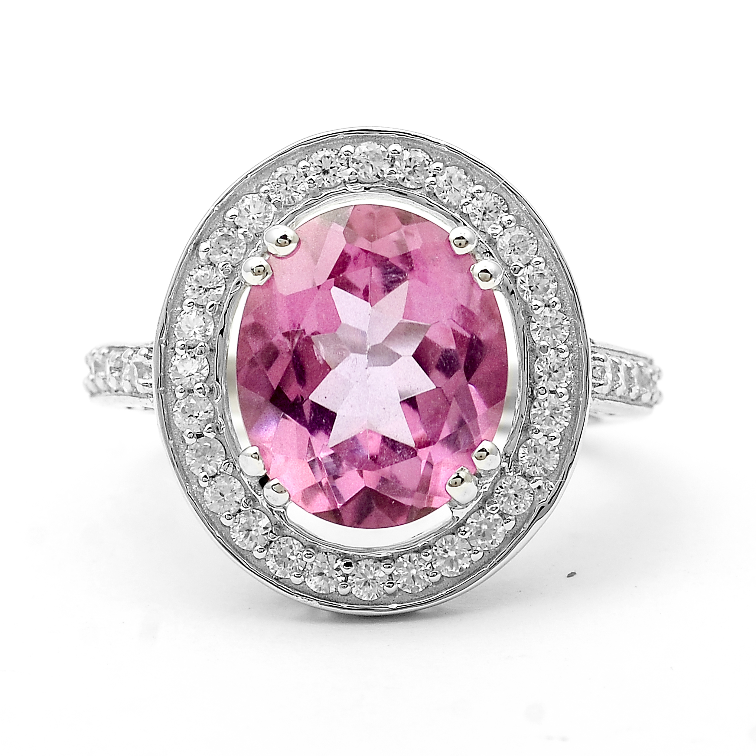 925 Sterling Silver 5.72 Ct Oval Pink Topaz White Zircon Ring 7 US Ring Size