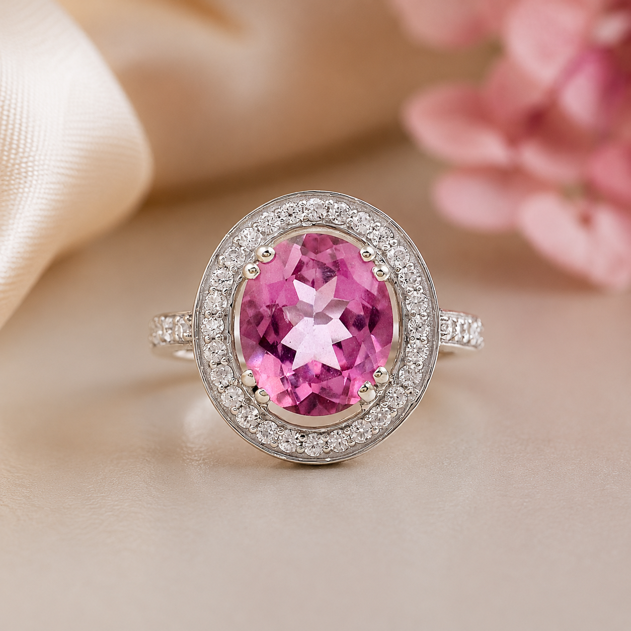 925 Sterling Silver 5.72 Ct Oval Pink Topaz White Zircon Ring 7 US Ring Size