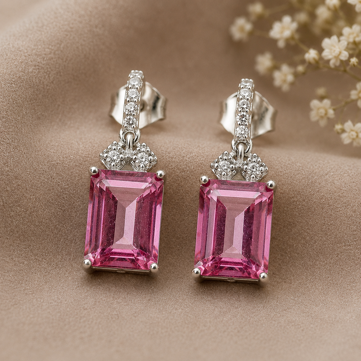 925 Sterling Silver 5.78 Ct Octagon Pink Topaz White Zircon Earrings