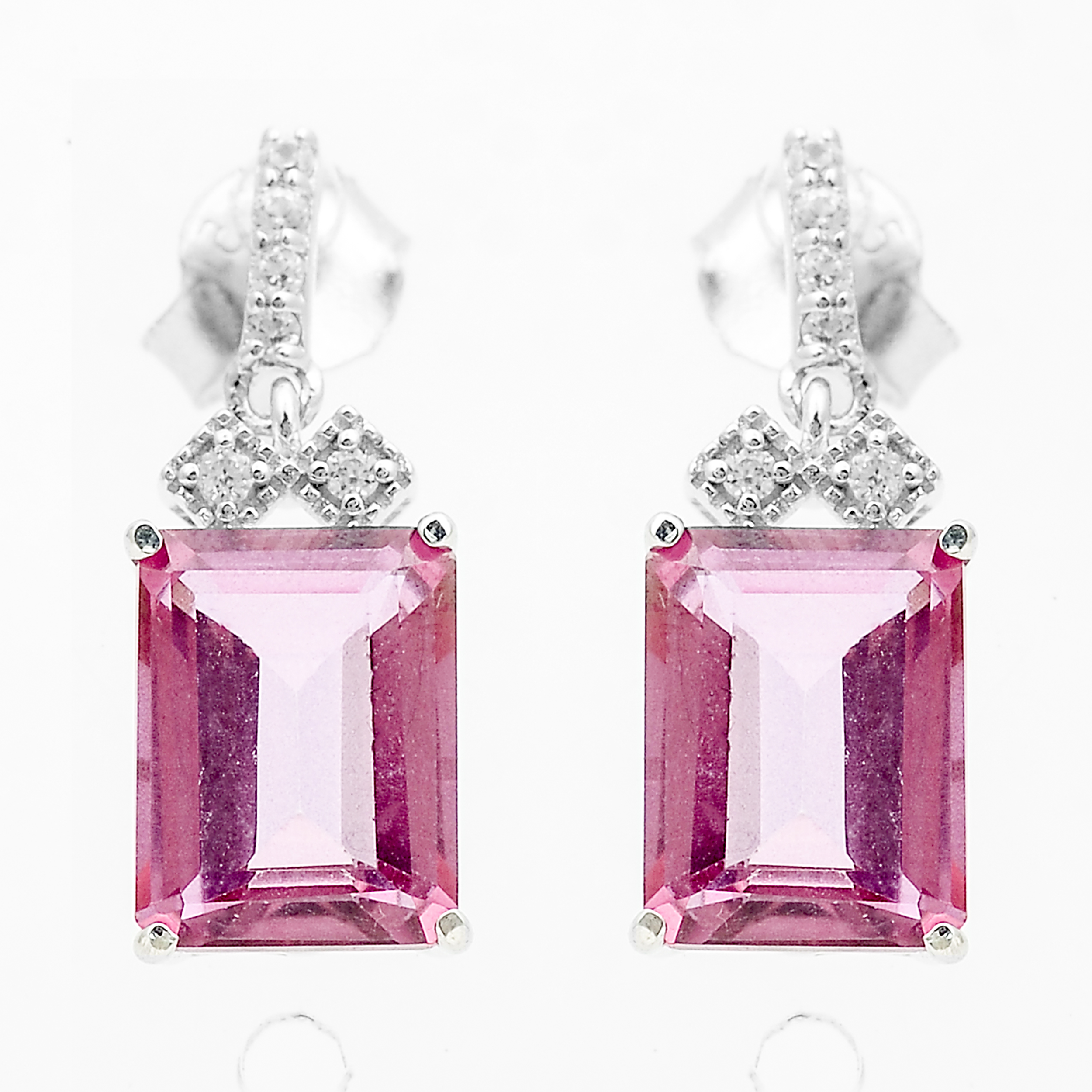 925 Sterling Silver 5.78 Ct Octagon Pink Topaz White Zircon Earrings