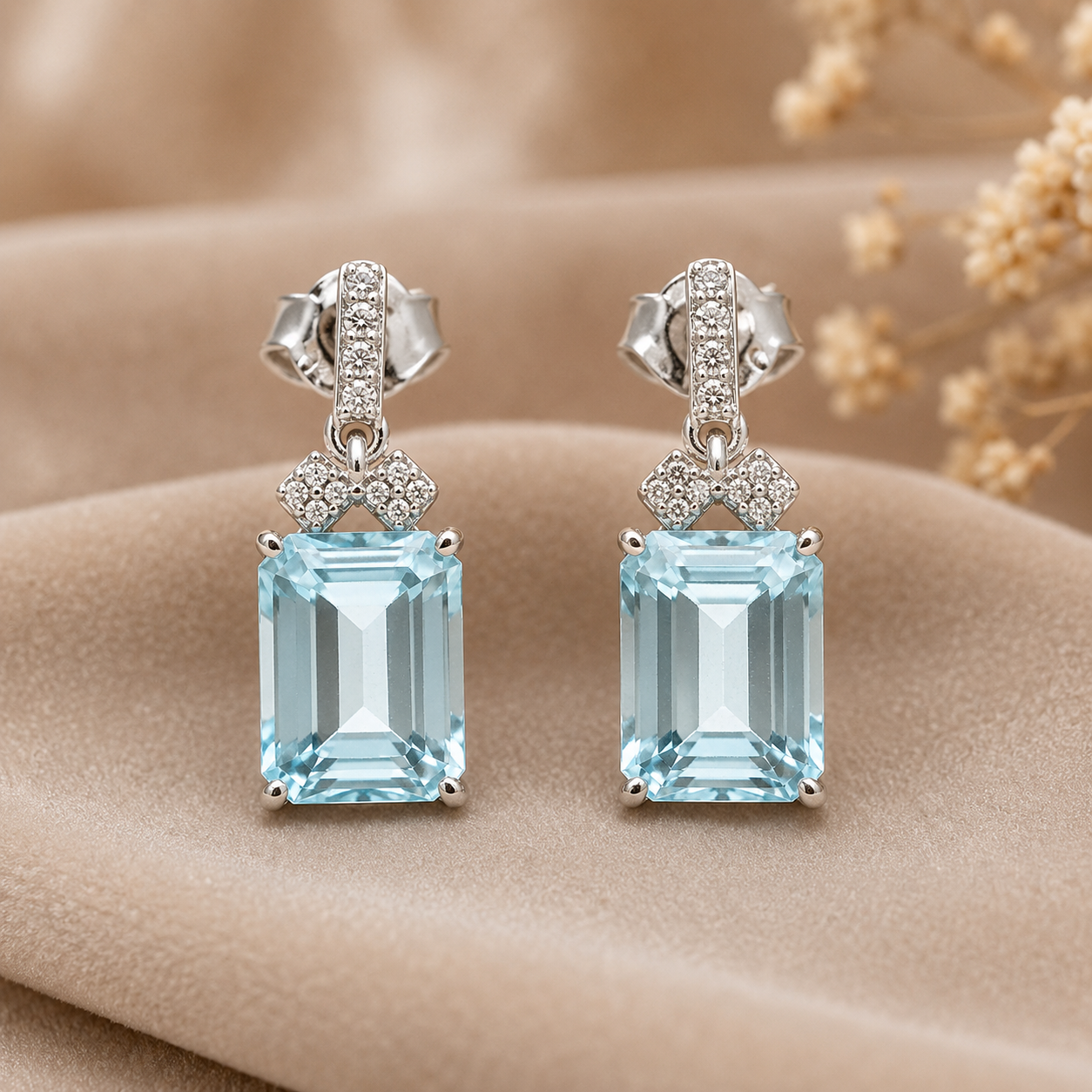 925 Sterling Silver 5.90 Ct Octagon Blue Topaz White Zircon Earrings