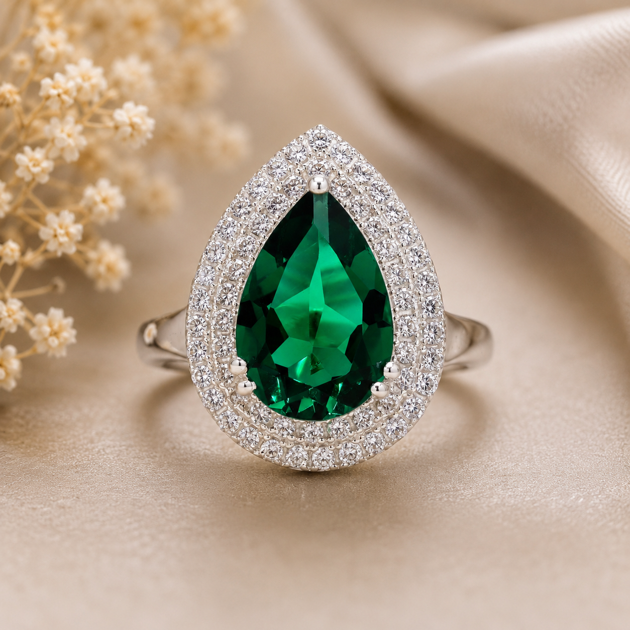 925 Sterling Silver 6.11 Ct Pear Created Emerald Cubic Zirconia Ring 5 US Ring Size