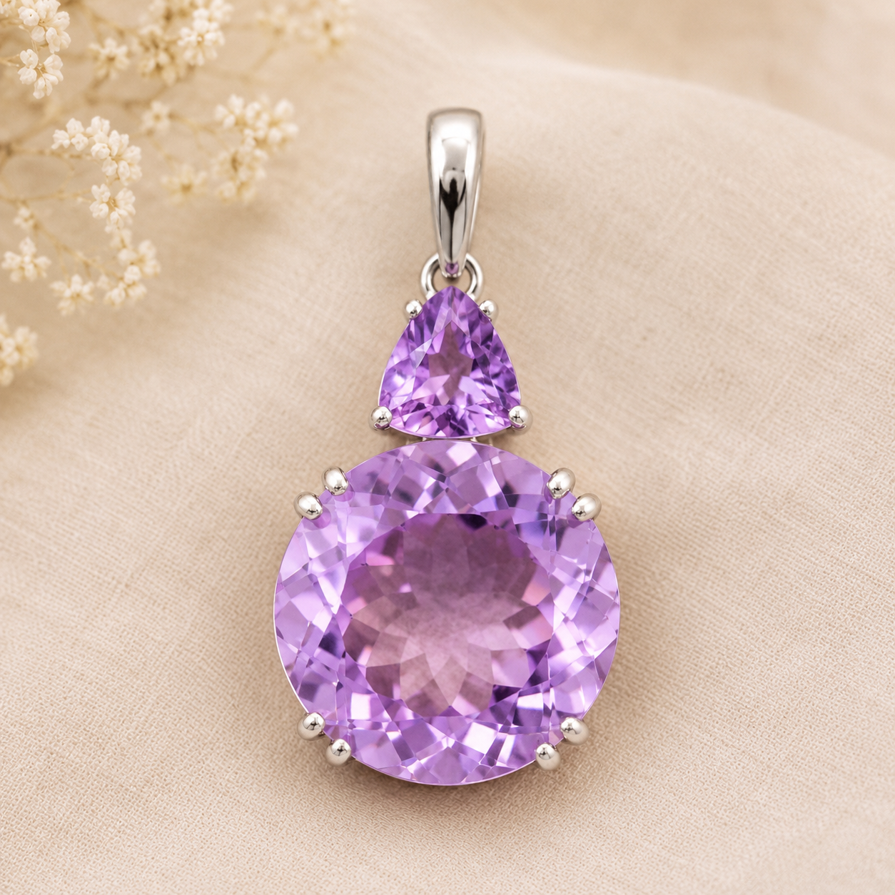 925 Sterling Silver 6.25 Ct Round Amethyst Cubic Zirconia Pendant