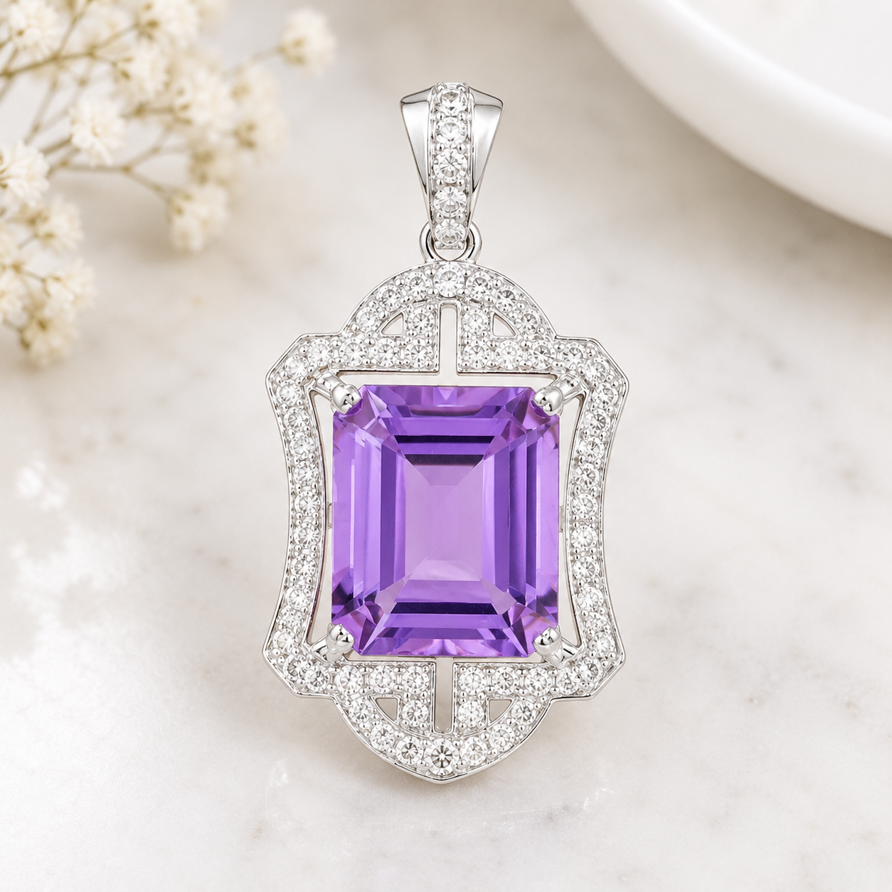 925 Sterling Silver 6.28 Ct Octagon Amethyst Cubic Zirconia Pendant