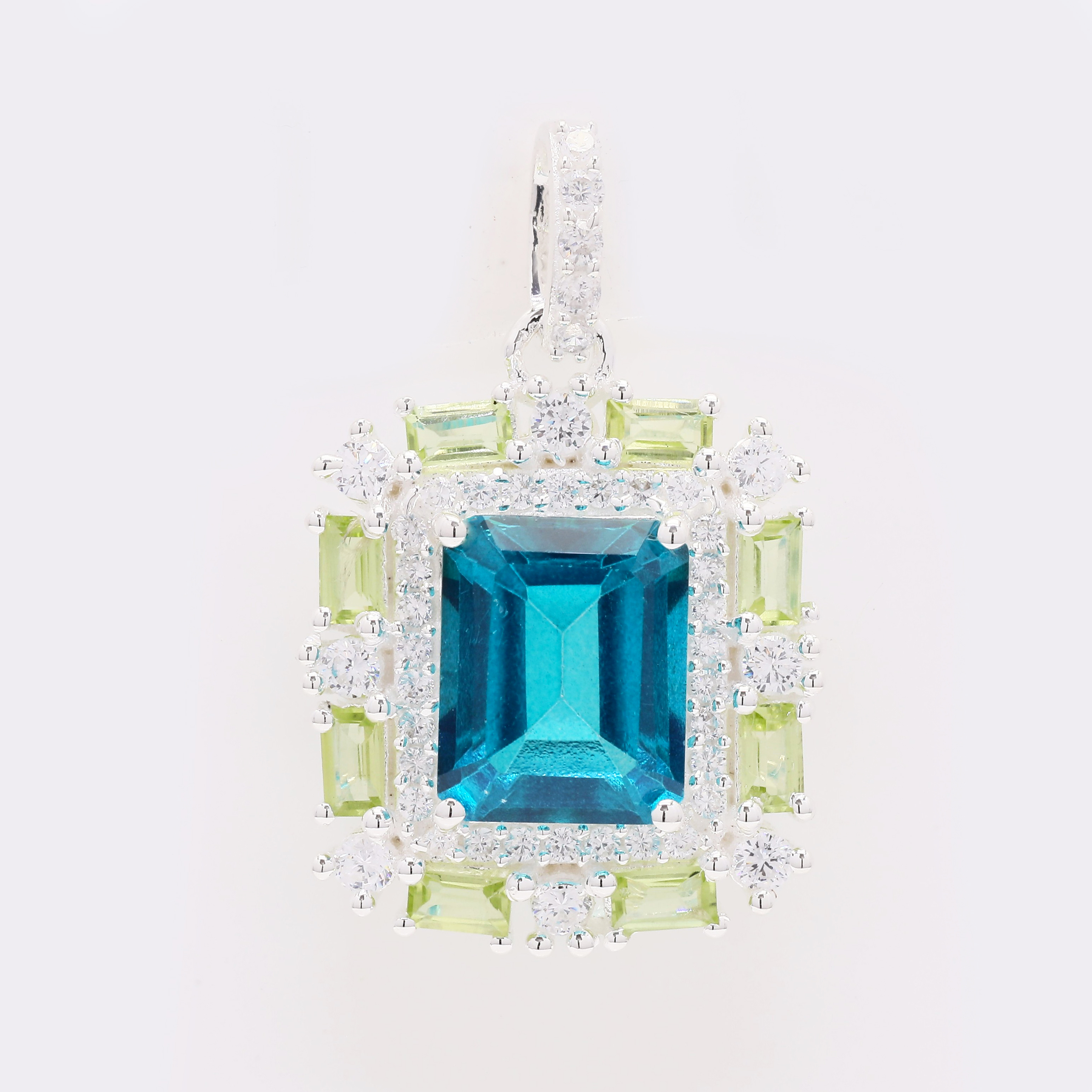 925 Sterling Silver 6.41 Ct Octagon Paraiba Topaz Peridot Cubic Zirconia Pendant