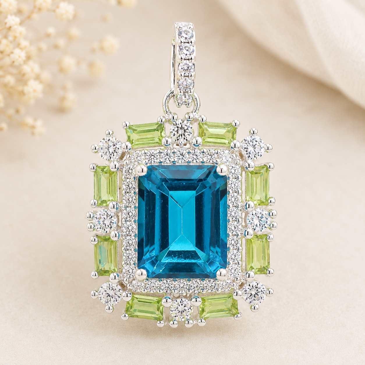 925 Sterling Silver 6.41 Ct Octagon Paraiba Topaz Peridot Cubic Zirconia Pendant
