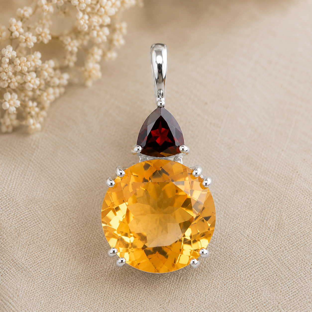 925 Sterling Silver 6.53 Ct Round Citrine Garnet Cubic Zirconia Pendant