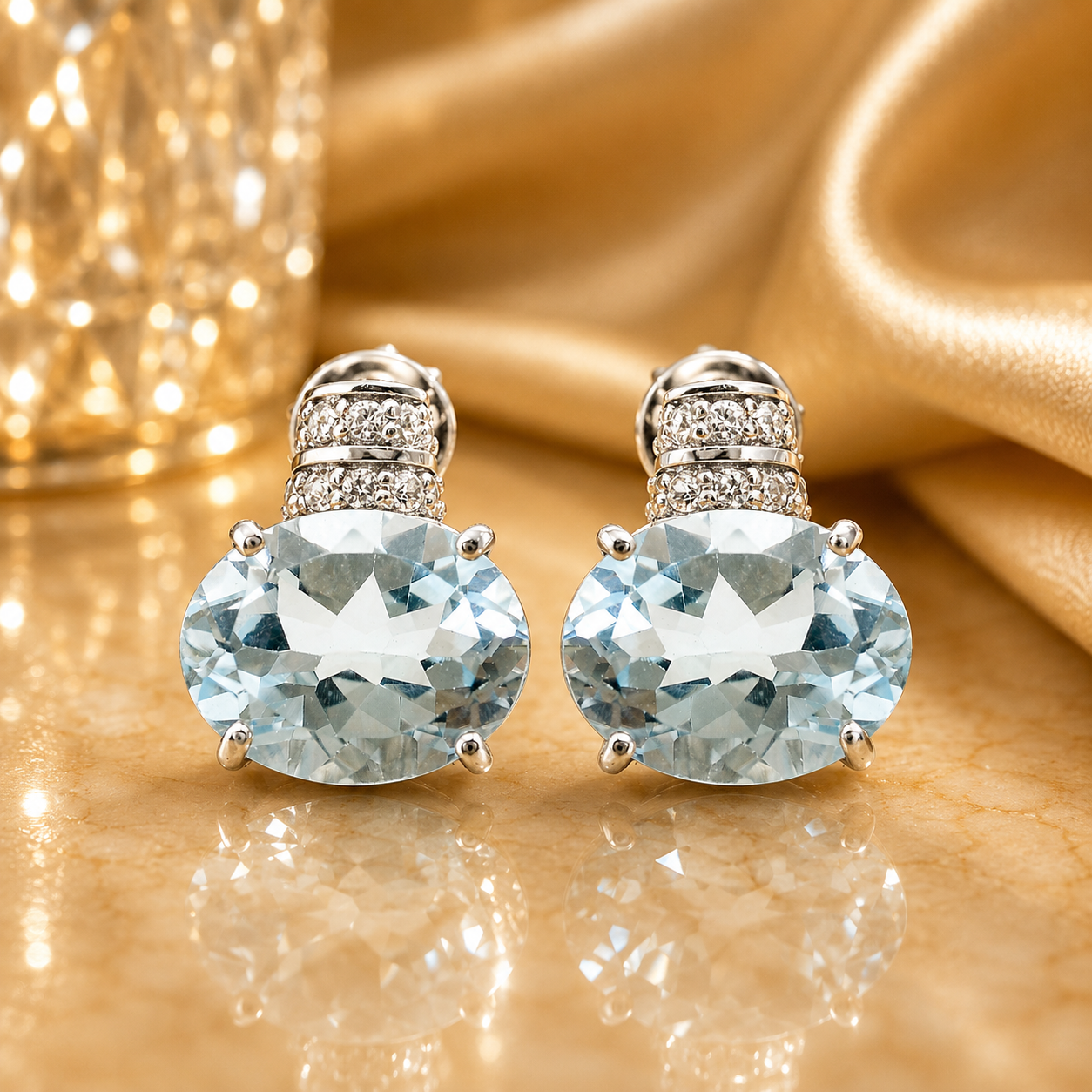 925 Sterling Silver 6.58 Ct Oval Blue Topaz White Zircon Earrings
