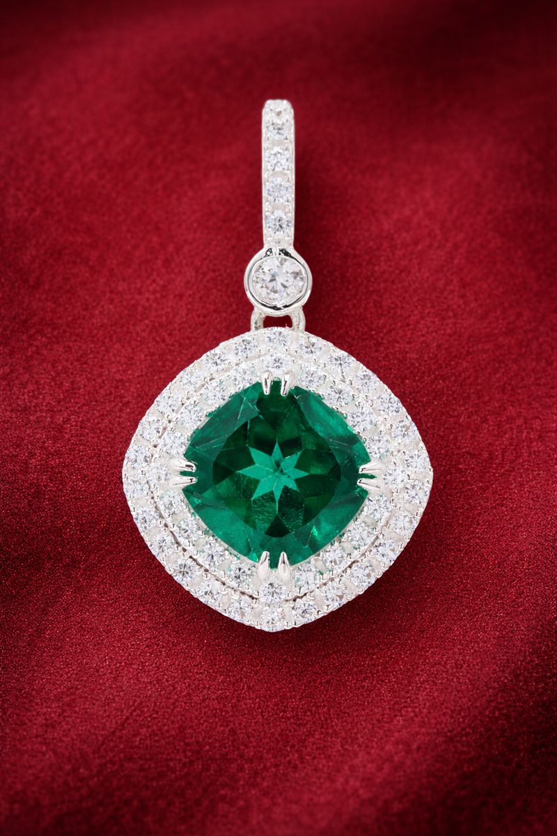 925 Sterling Silver 6.66 Ct Cushion Green Topaz Cubic Zirconia Pendant