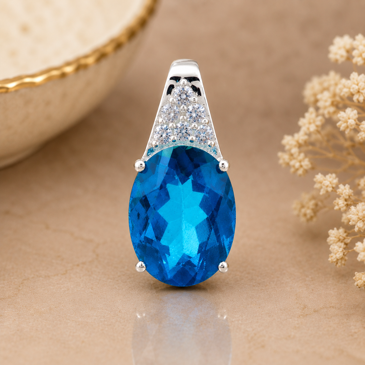 925 Sterling Silver 6.81 Ct Oval Pariba Topaz Cubic Zirconia Pendant