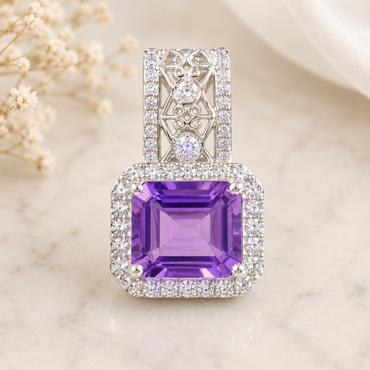 925 Sterling Silver 6.84 Ct Octagon Amethyst Cubic Zirconia Pendant
