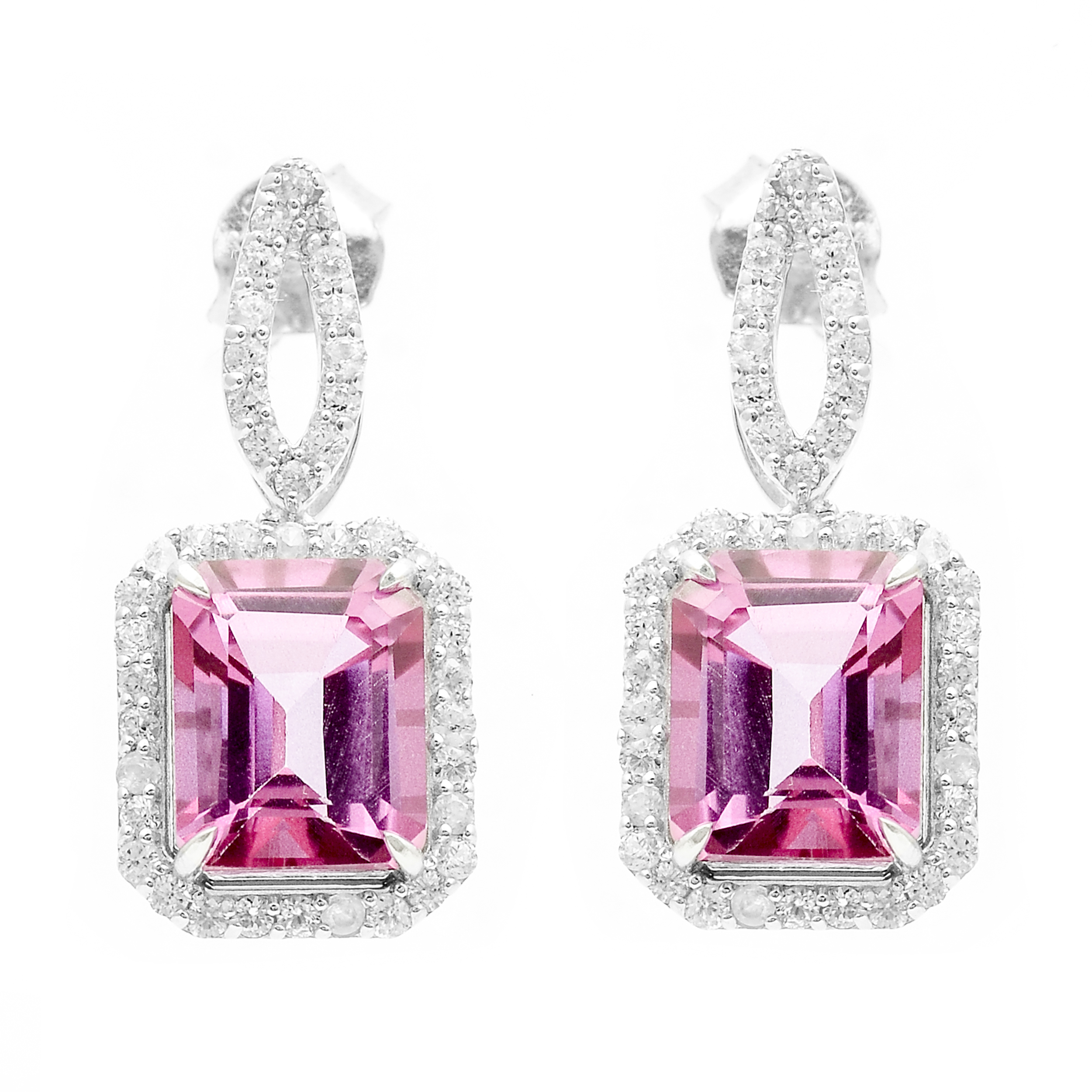 925 Sterling Silver 6.91 Ct Octagon Pink Topaz White Zircon Earrings