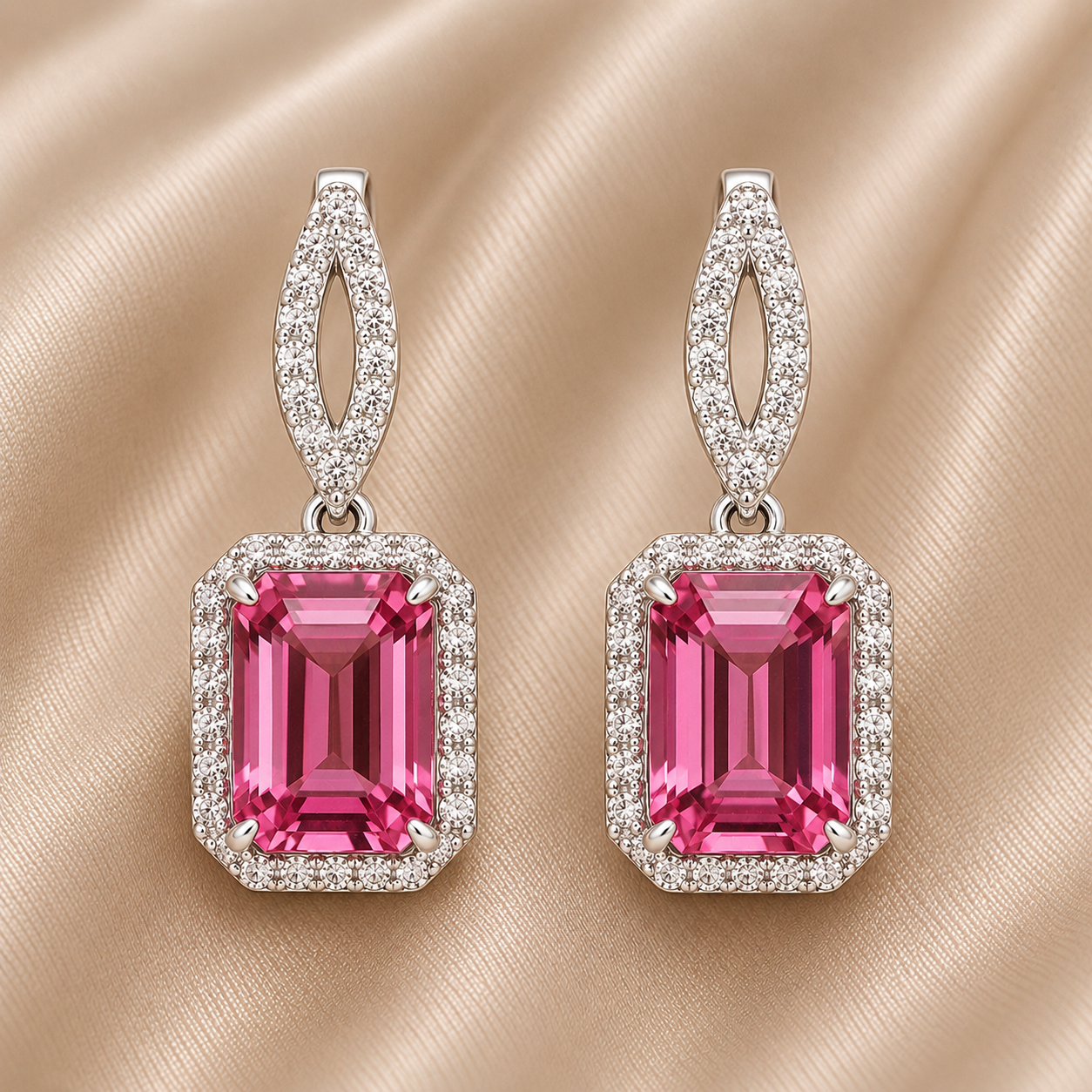 925 Sterling Silver 6.91 Ct Octagon Pink Topaz White Zircon Earrings