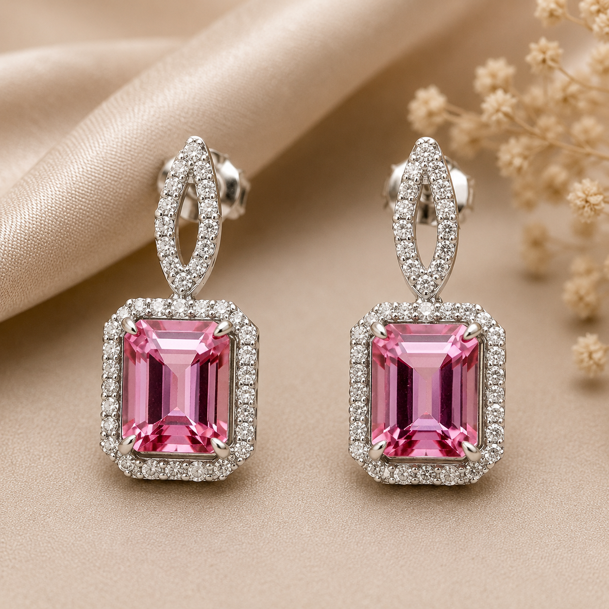 925 Sterling Silver 6.91 Ct Octagon Pink Topaz White Zircon Earrings