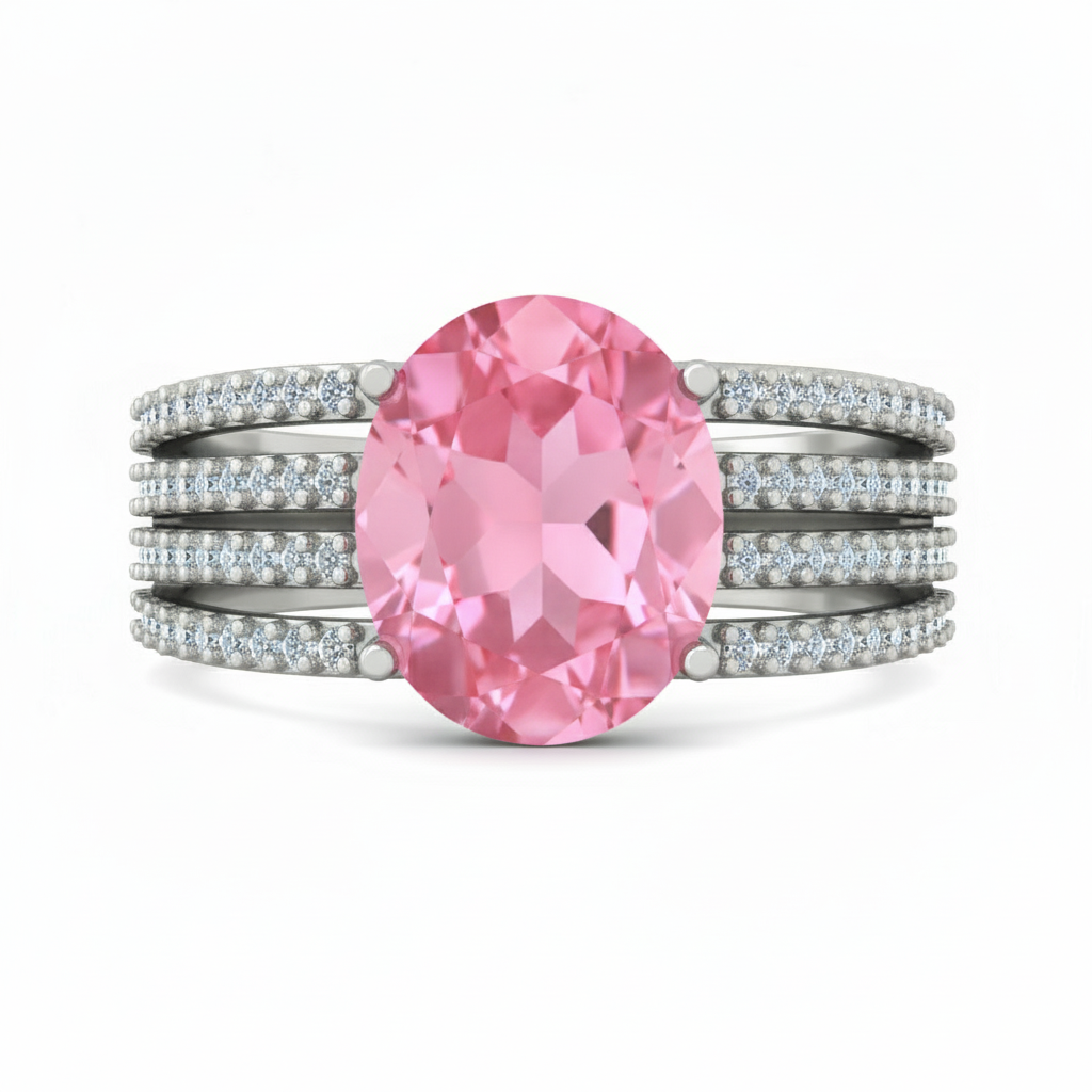 925 Sterling Silver 6.91 Ct Oval Pink Topaz White Zircon Ring 7 US Ring Size