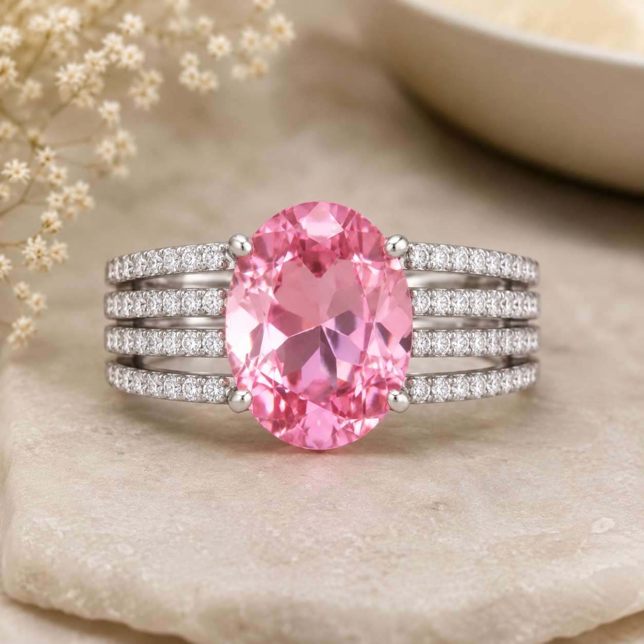 925 Sterling Silver 6.91 Ct Oval Pink Topaz White Zircon Ring 7 US Ring Size