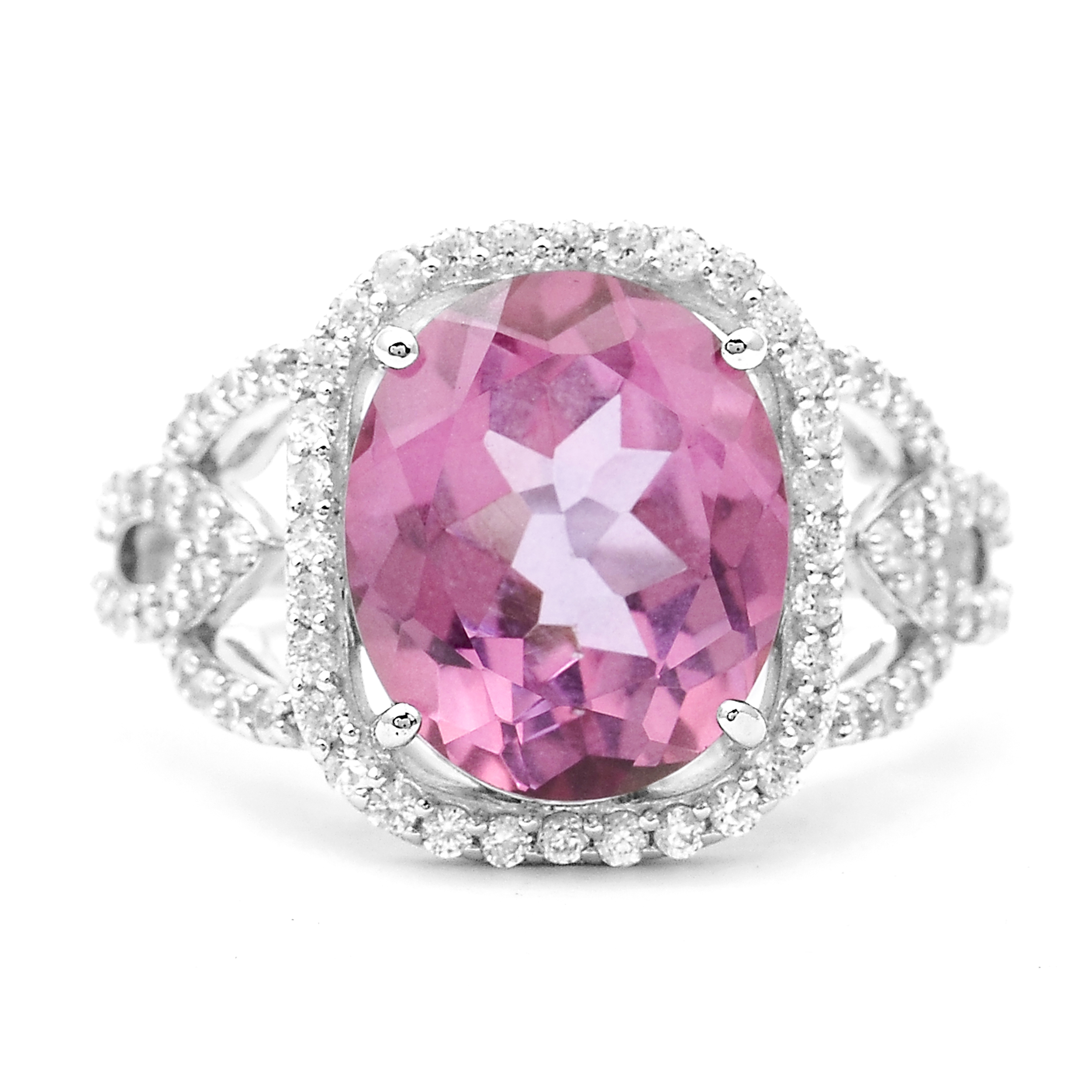 925 Sterling Silver 7.18 Ct Oval Pink Topaz White Zircon Ring 7 US Ring Size