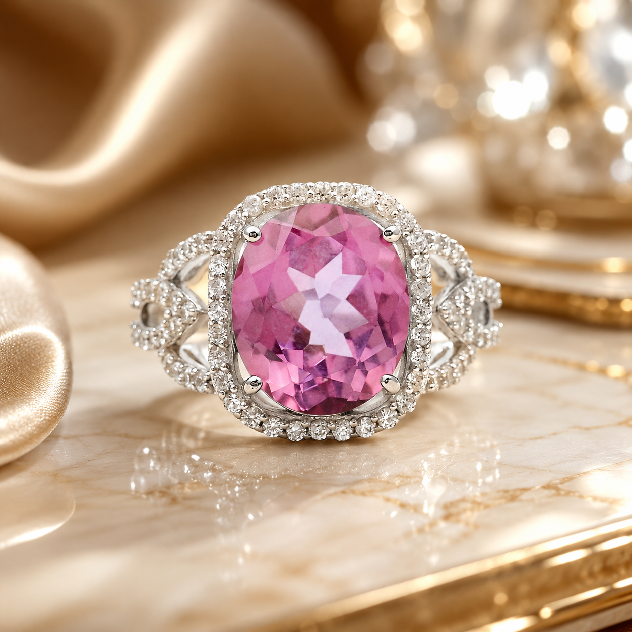 925 Sterling Silver 7.18 Ct Oval Pink Topaz White Zircon Ring 7 US Ring Size
