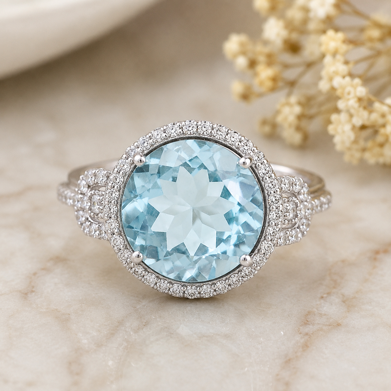 925 Sterling Silver 7.35 Ct Round Blue Topaz White Zircon Ring 7 US Ring Size