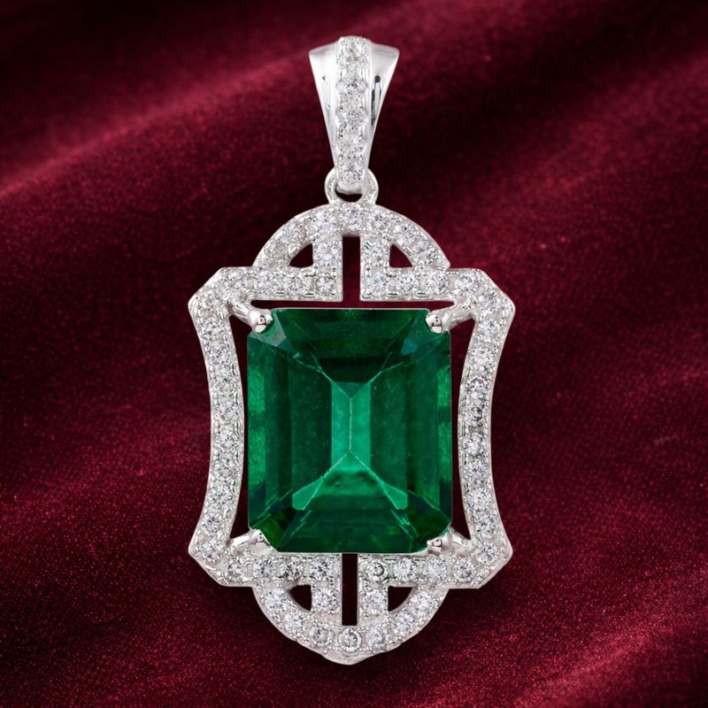 925 Sterling Silver 7.46 Ct Octagon Green Topaz Cubic Zirconia Pendant