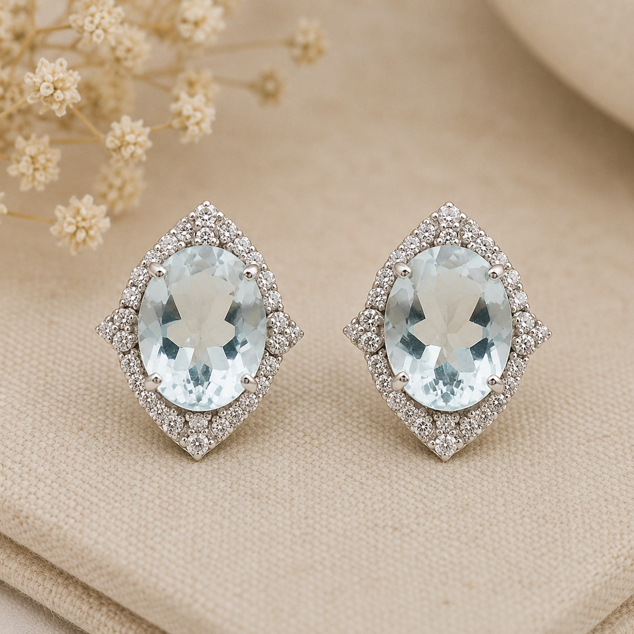 925 Sterling Silver 7.51 Ct Oval Blue Topaz White Zircon Earrings