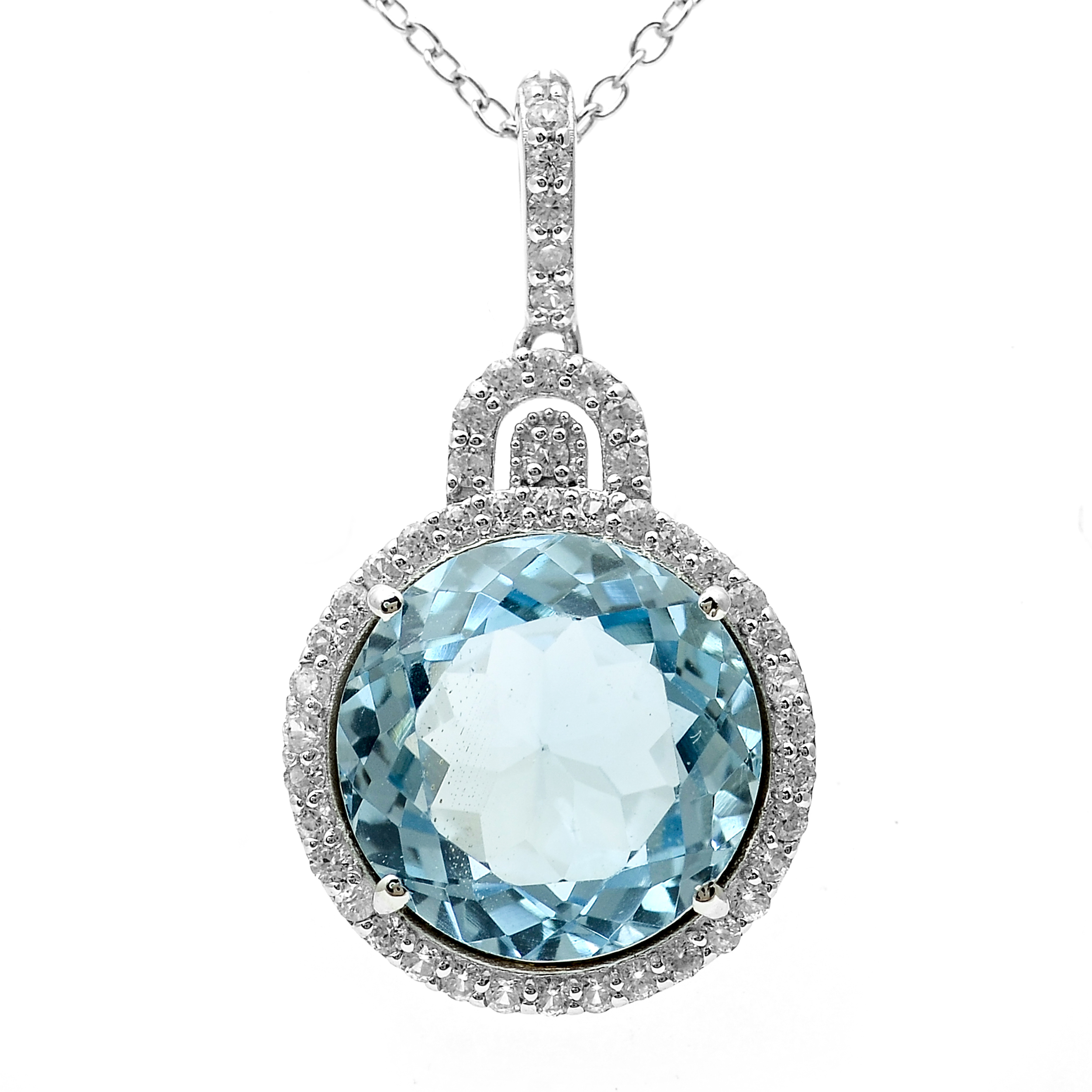 925 Sterling Silver 7.98 Ct Round Blue Topaz White Zircon Pendant