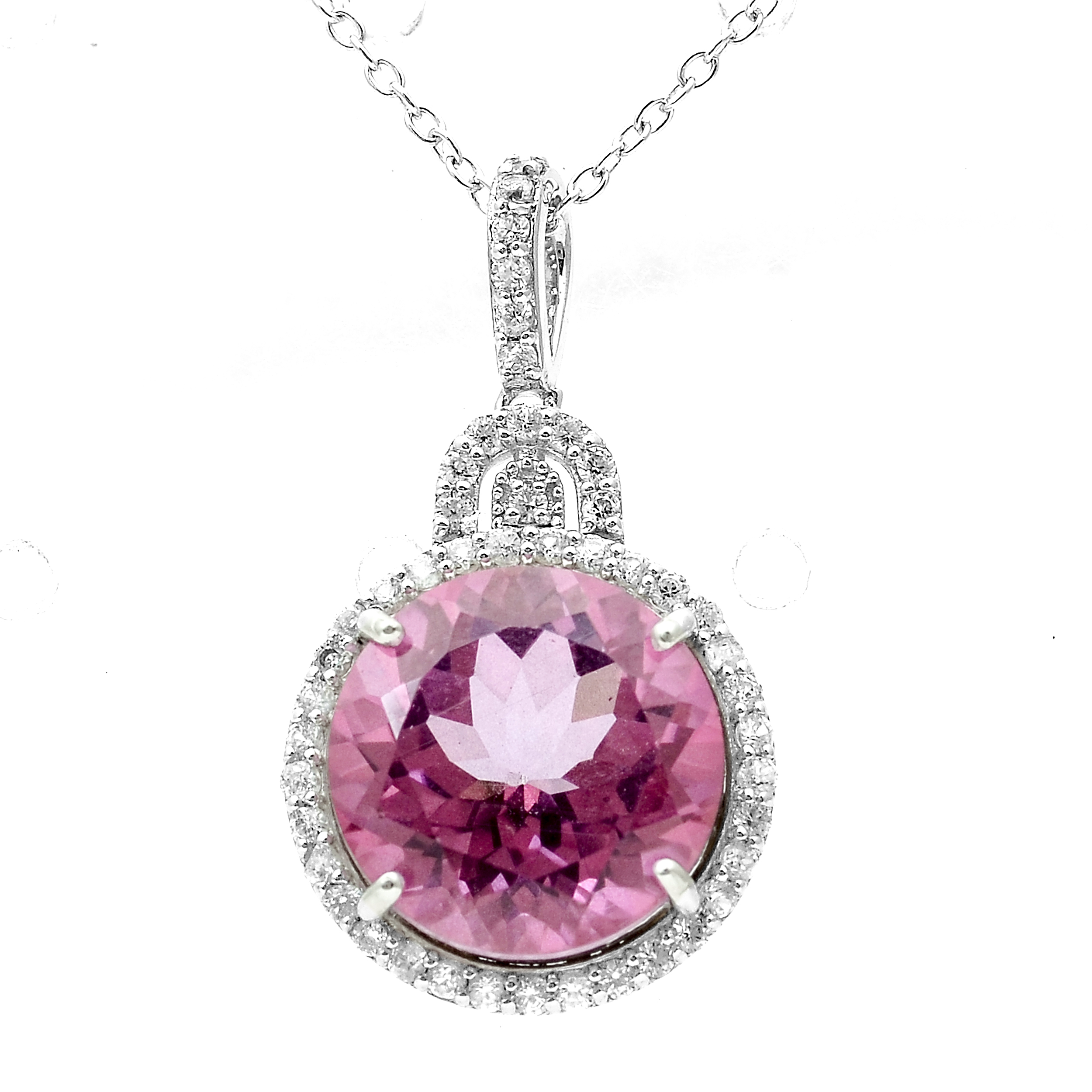 925 Sterling Silver 8.63 Ct Round Pink Topaz White Zircon Pendant