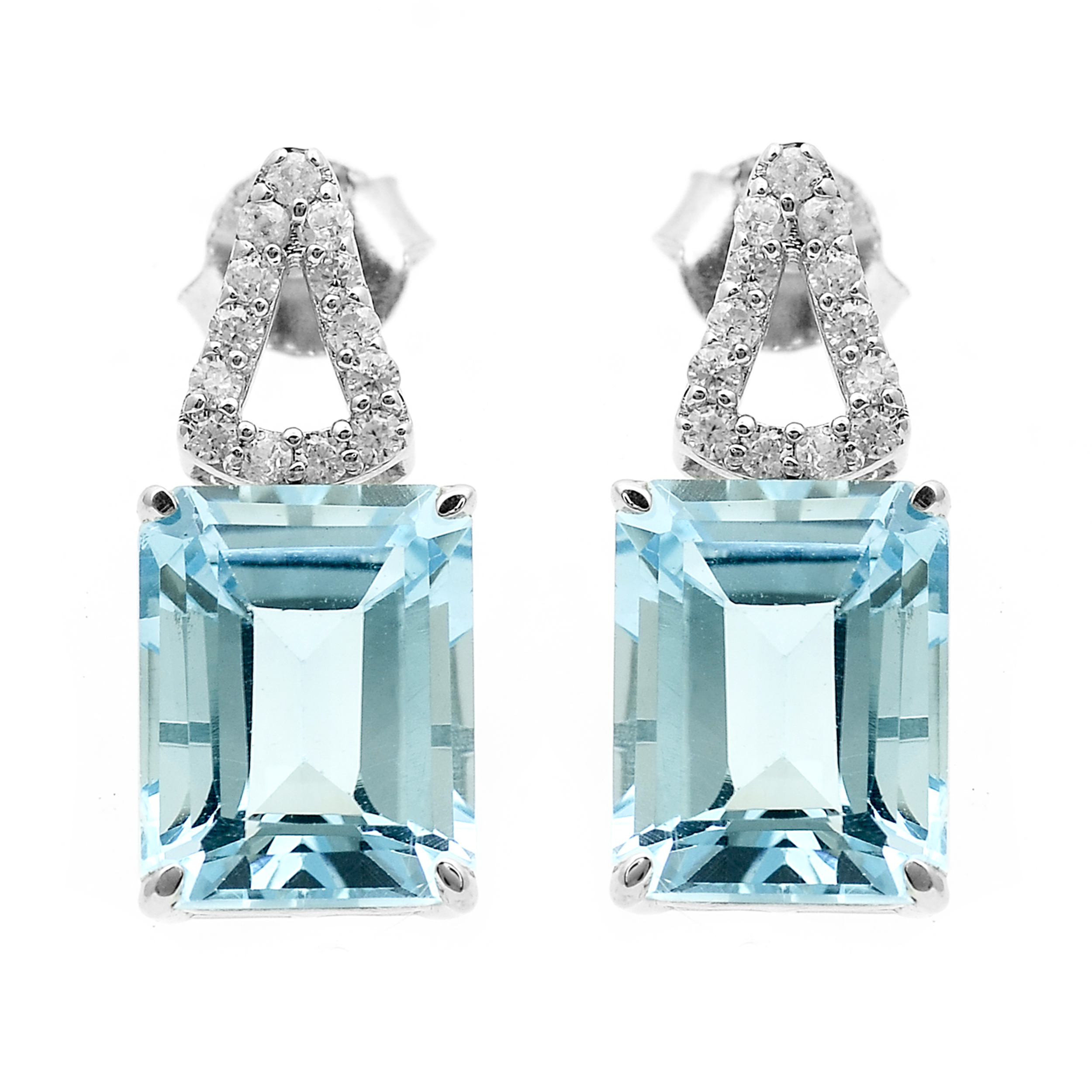 925 Sterling Silver 8.82 Ct Octagon Blue Topaz White Zircon Earrings
