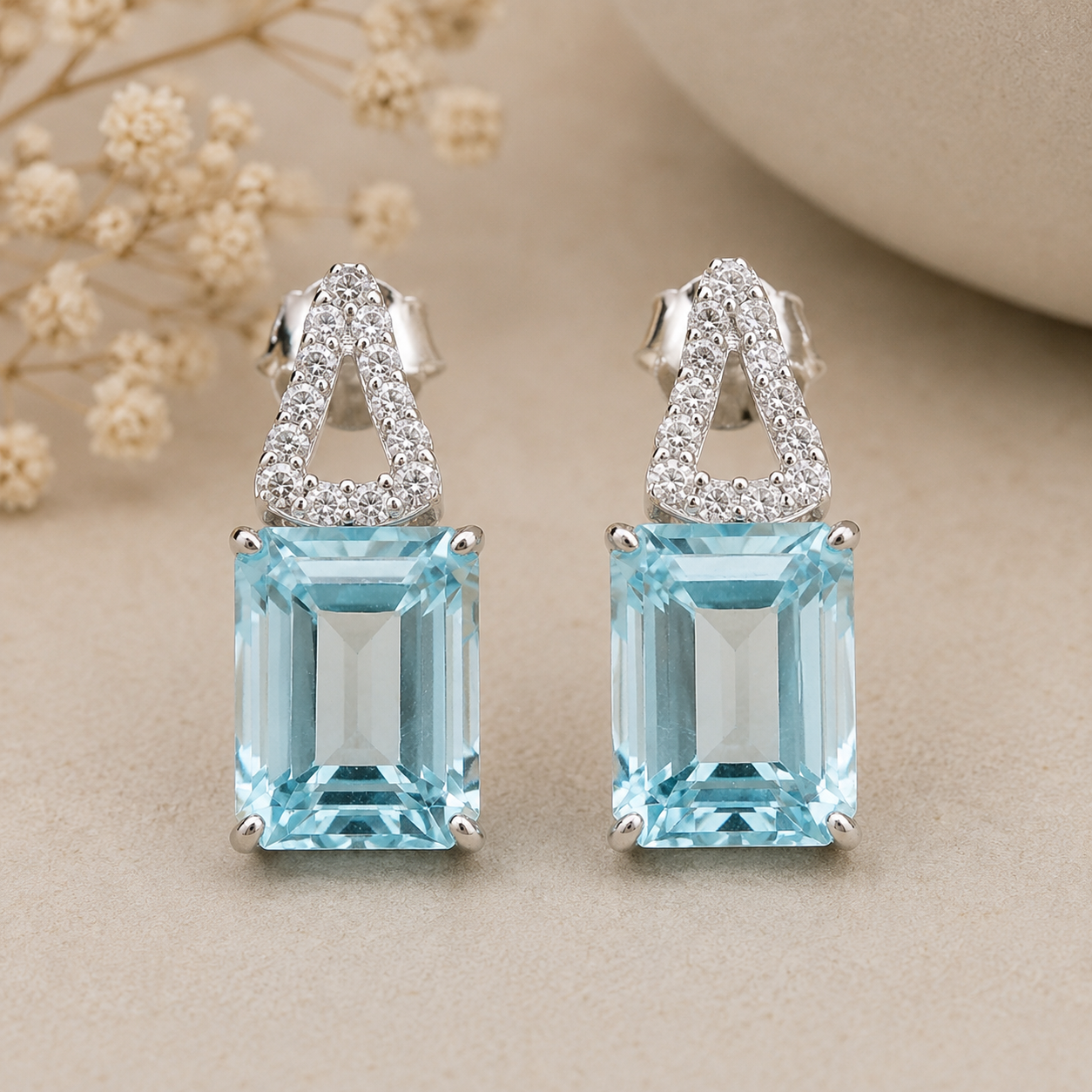 925 Sterling Silver 8.82 Ct Octagon Blue Topaz White Zircon Earrings