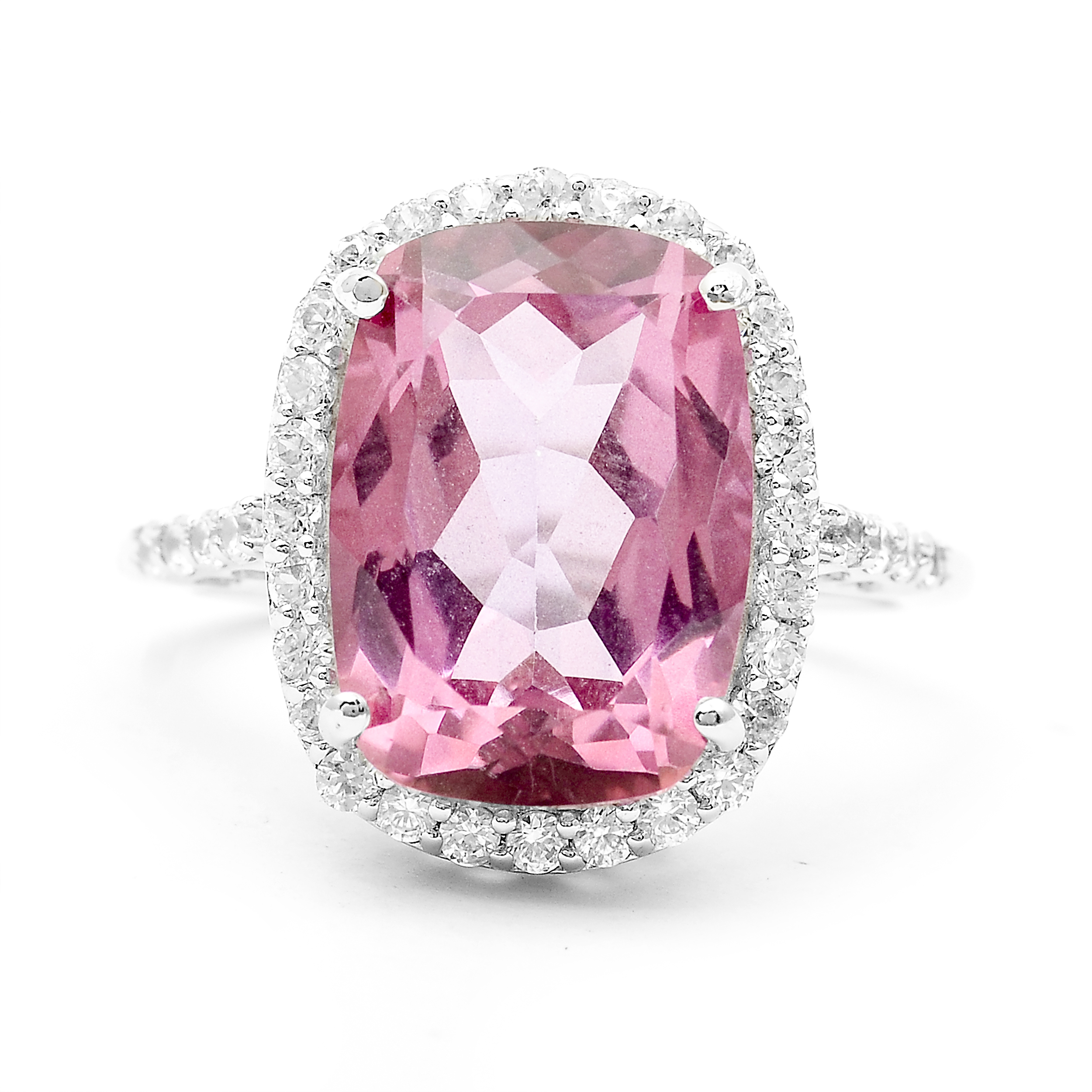 925 Sterling Silver 9.34 Ct Cushion Pink Topaz White Zircon Ring 7 US Ring Size