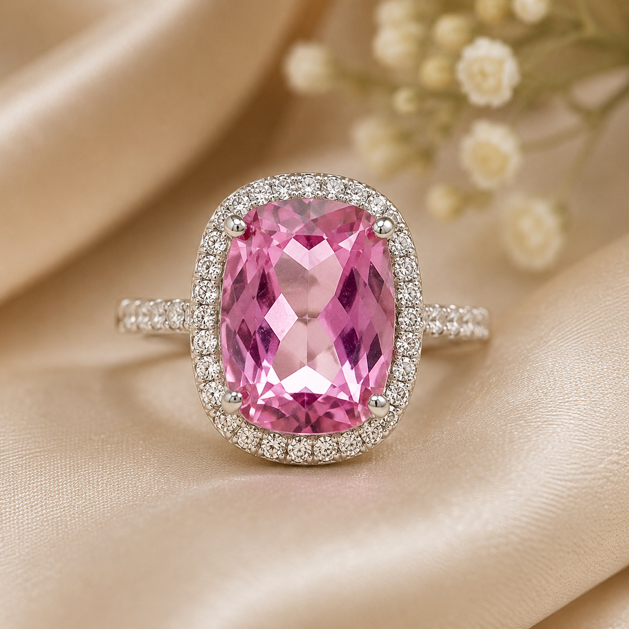 925 Sterling Silver 9.34 Ct Cushion Pink Topaz White Zircon Ring 7 US Ring Size