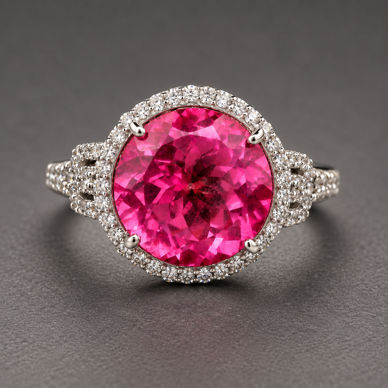 925 Sterling Silver 9.35 Ct Round Pink Topaz White Zircon Ring 7 US Ring Size