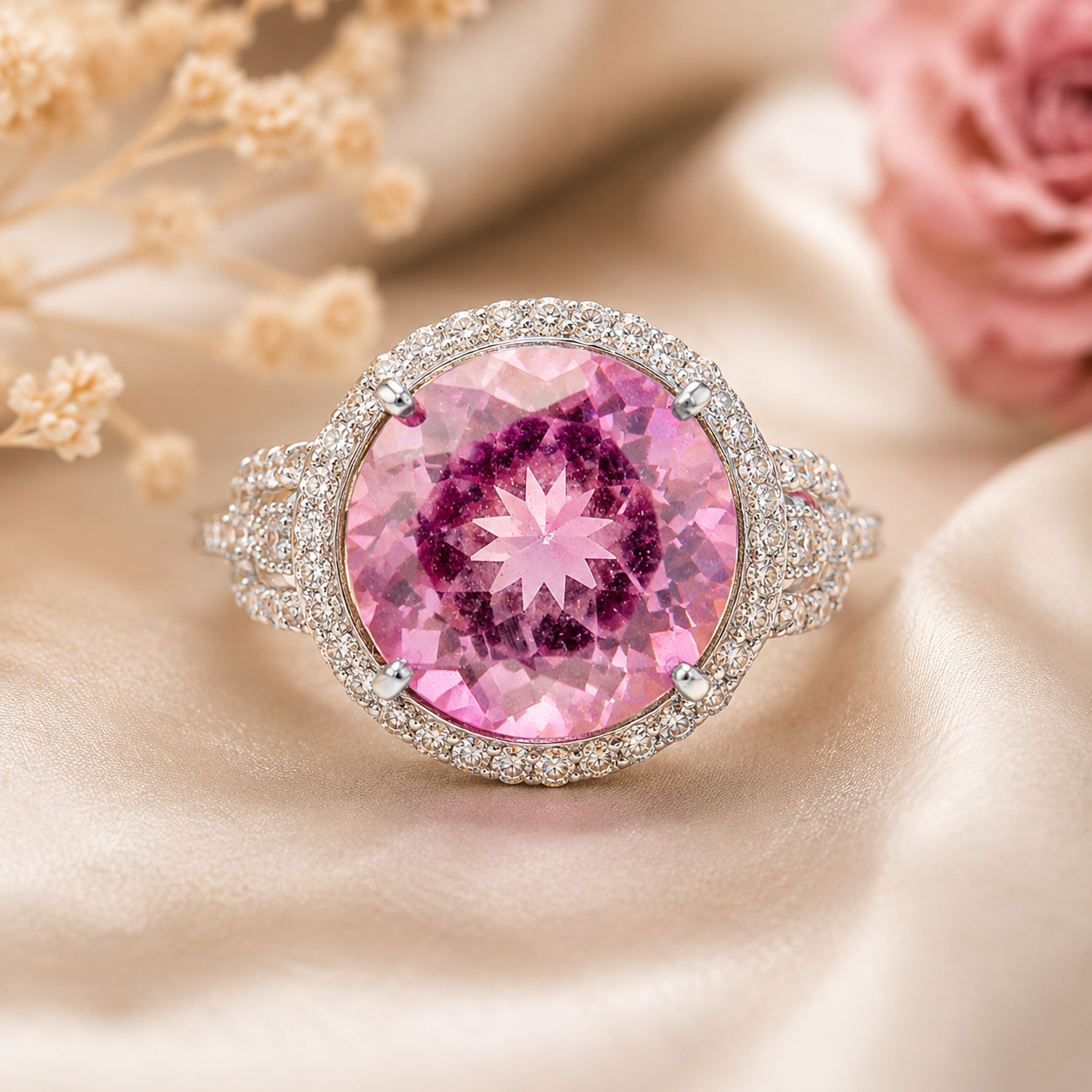 925 Sterling Silver 9.35 Ct Round Pink Topaz White Zircon Ring