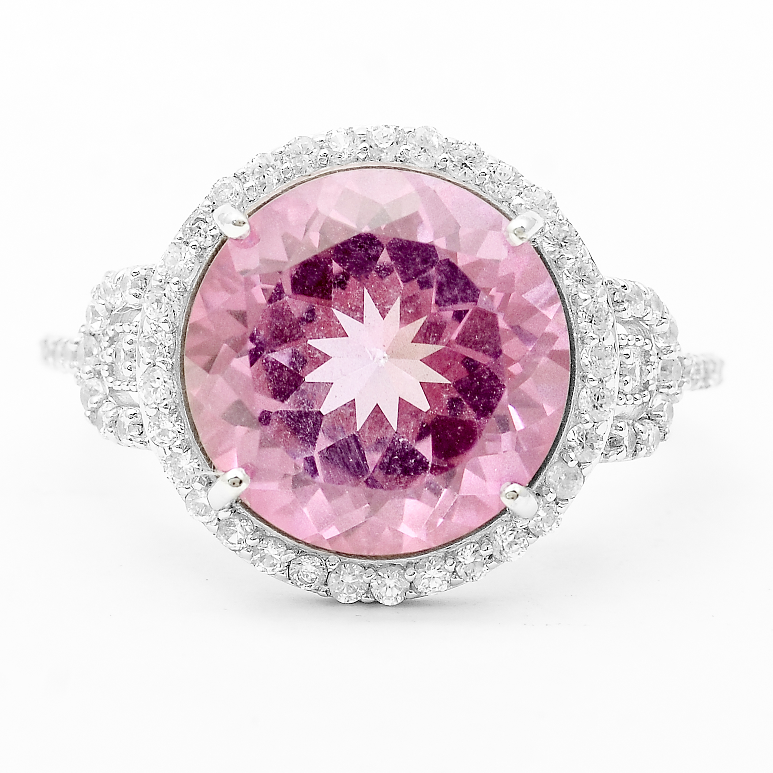 925 Sterling Silver 9.35 Ct Round Pink Topaz White Zircon Ring