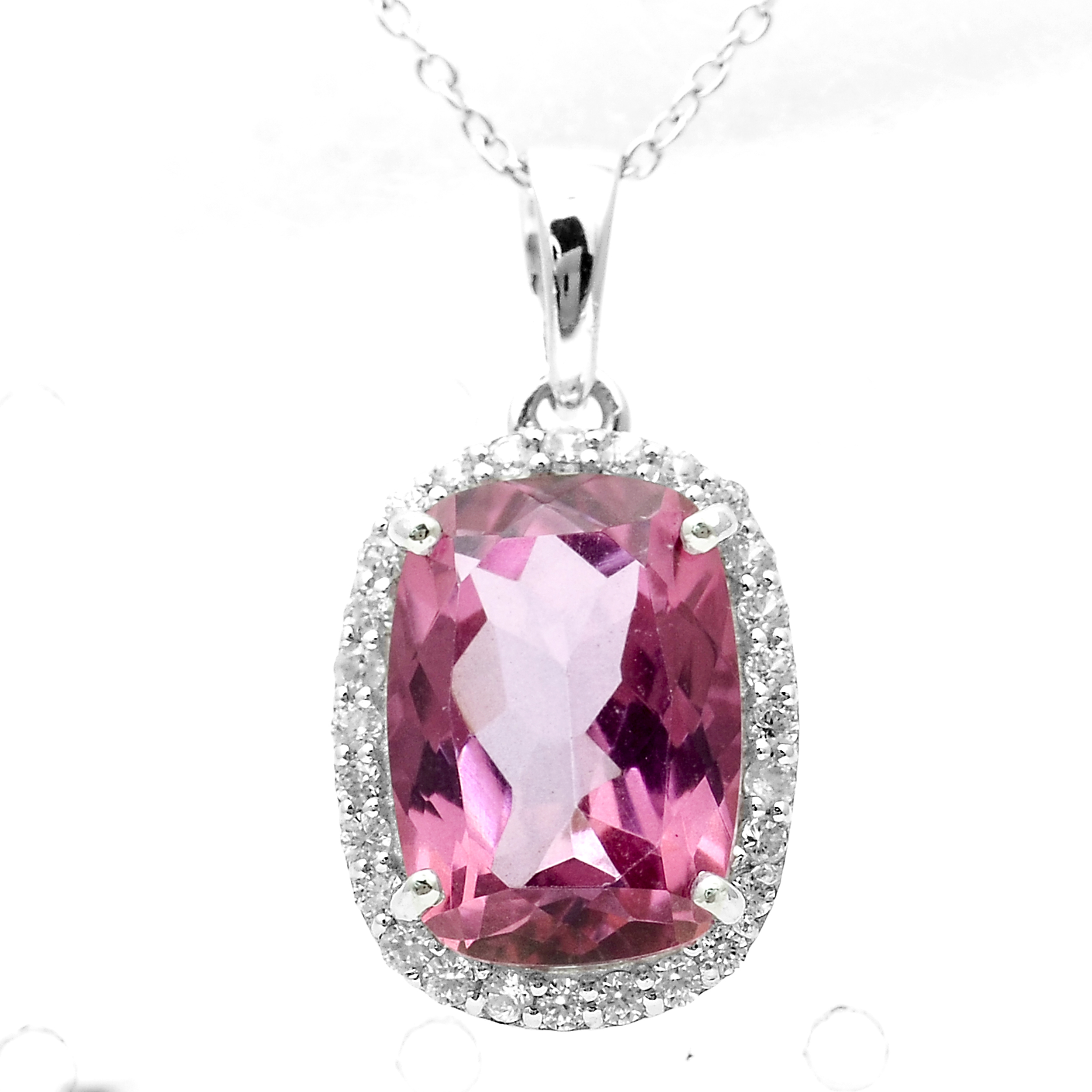 925 Sterling Silver 9.58 Ct Cushion Pink Topaz White Zircon Pendant