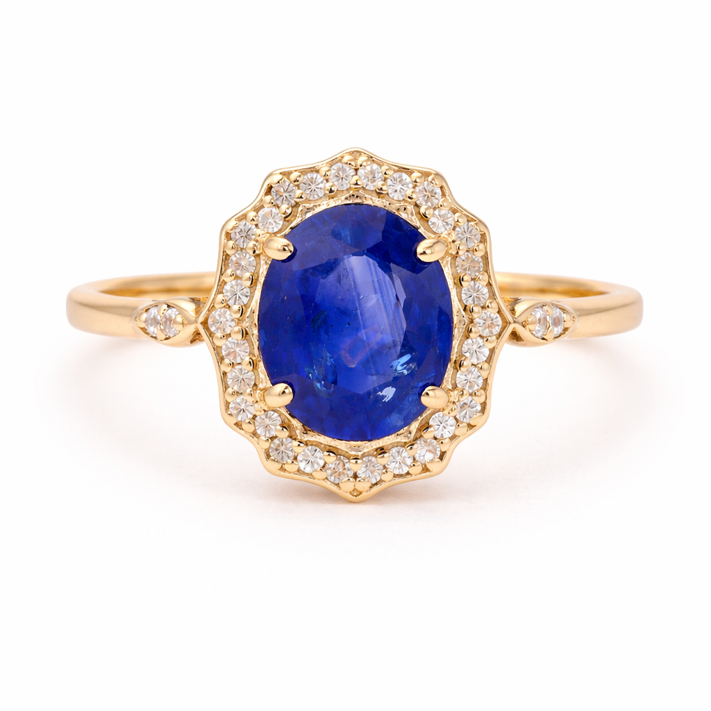 9K Gold 1.98 Ct Oval Sapphire Ring 7 US Ring Size