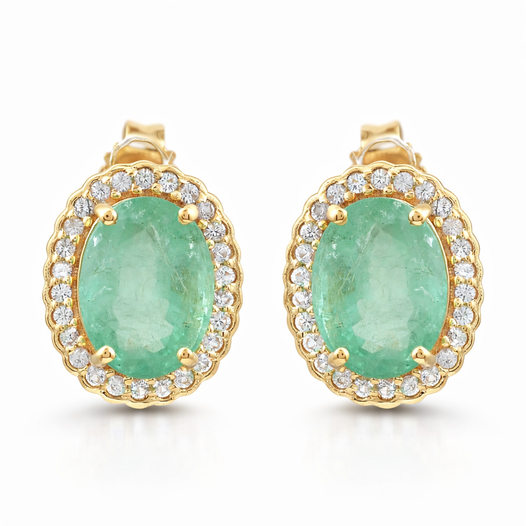 9K Gold 2.92 Ct Oval Emerald Earrings