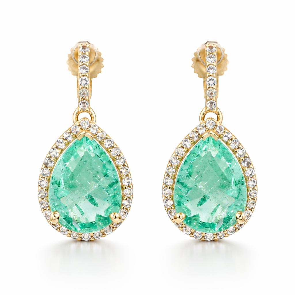 9K Gold 3.56 Ct Pear Emerald Earrings