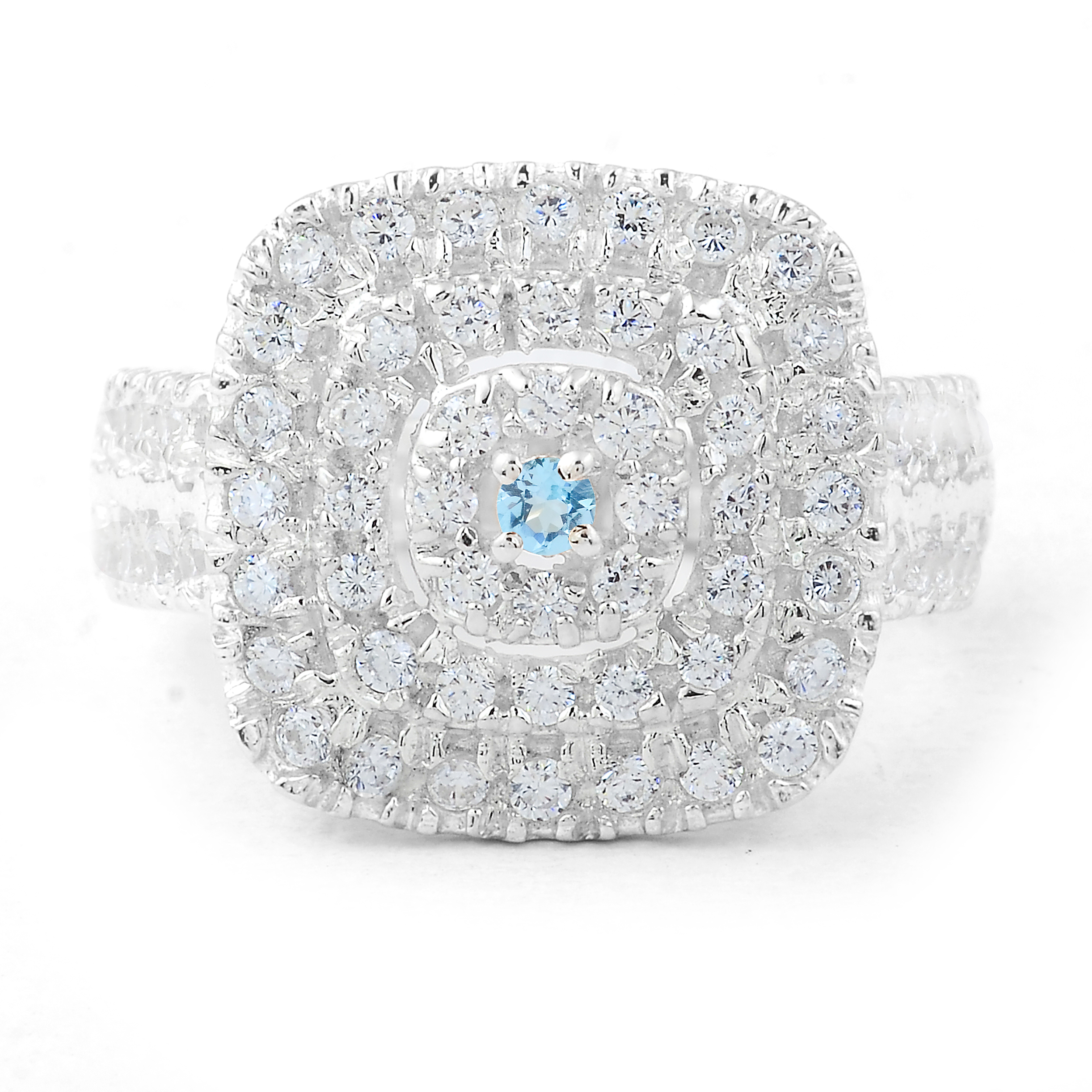 NO RESERVE 0.53 Ct Round Swiss Blue Topaz, Cubic Zirconia 925 Sterling Silver Ring