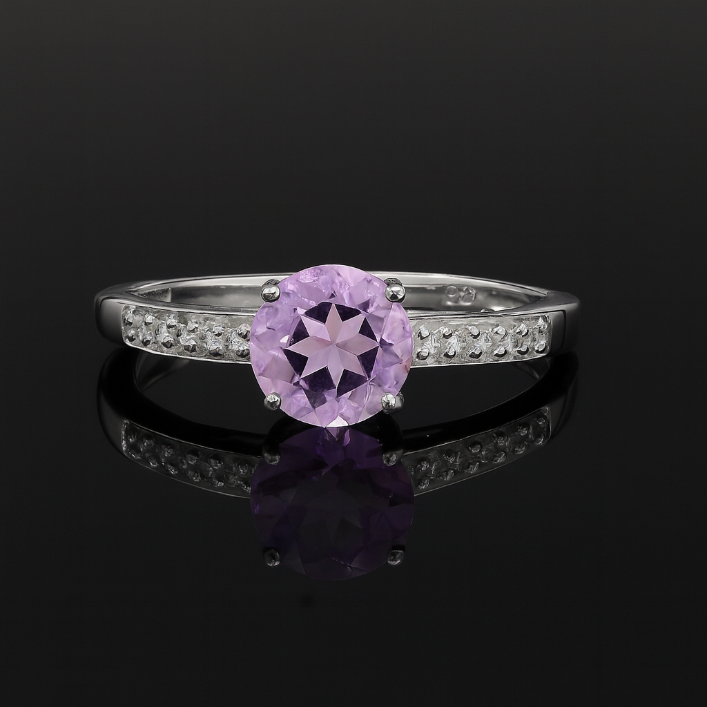 NO RESERVE 1.20 Ct Round Amethyst, Cubic Zirconia 925 Sterling Silver Ring