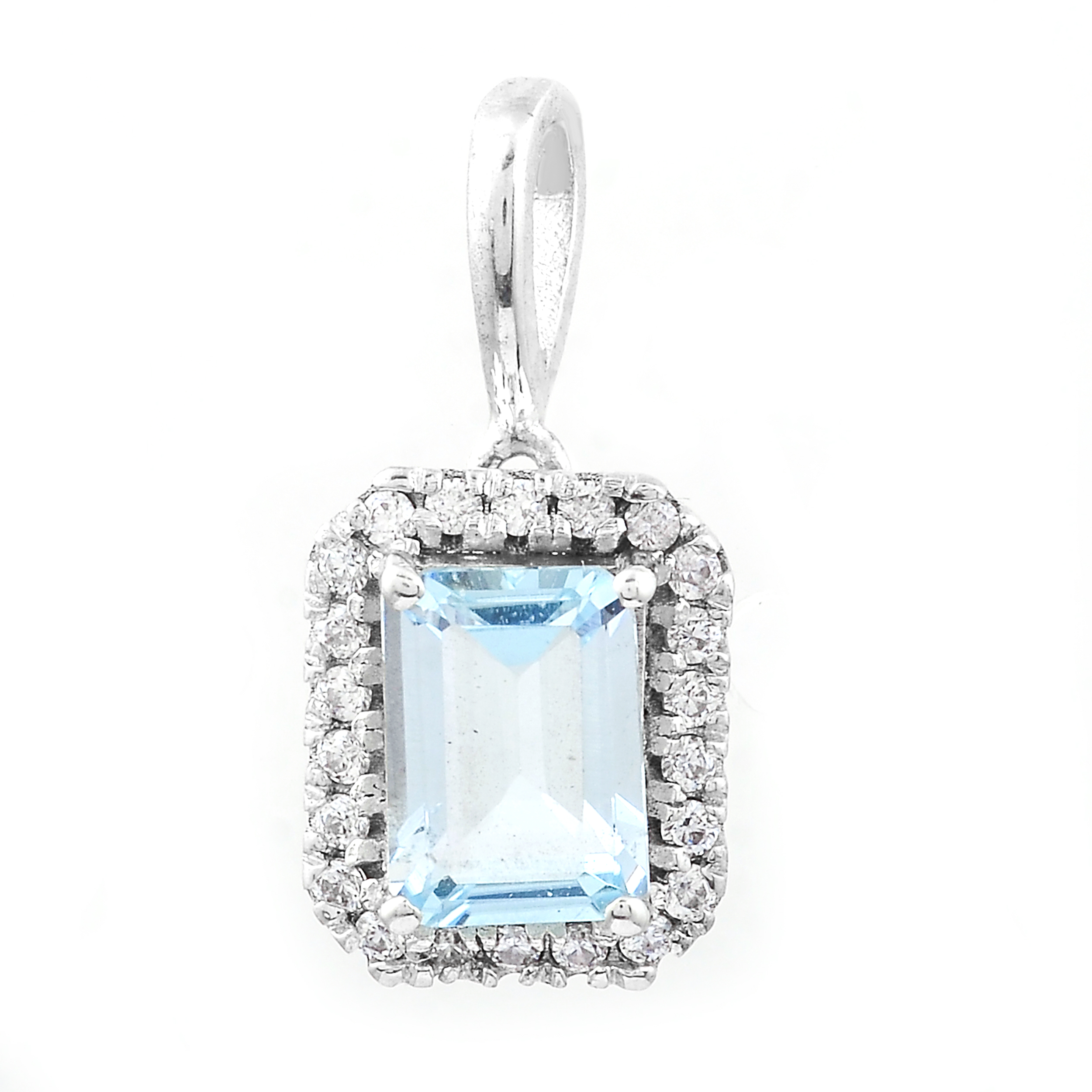 NO RESERVE 1.25 Ct Octagon Blue Topaz, White Zircon, 925 Sterling Silver Pendant