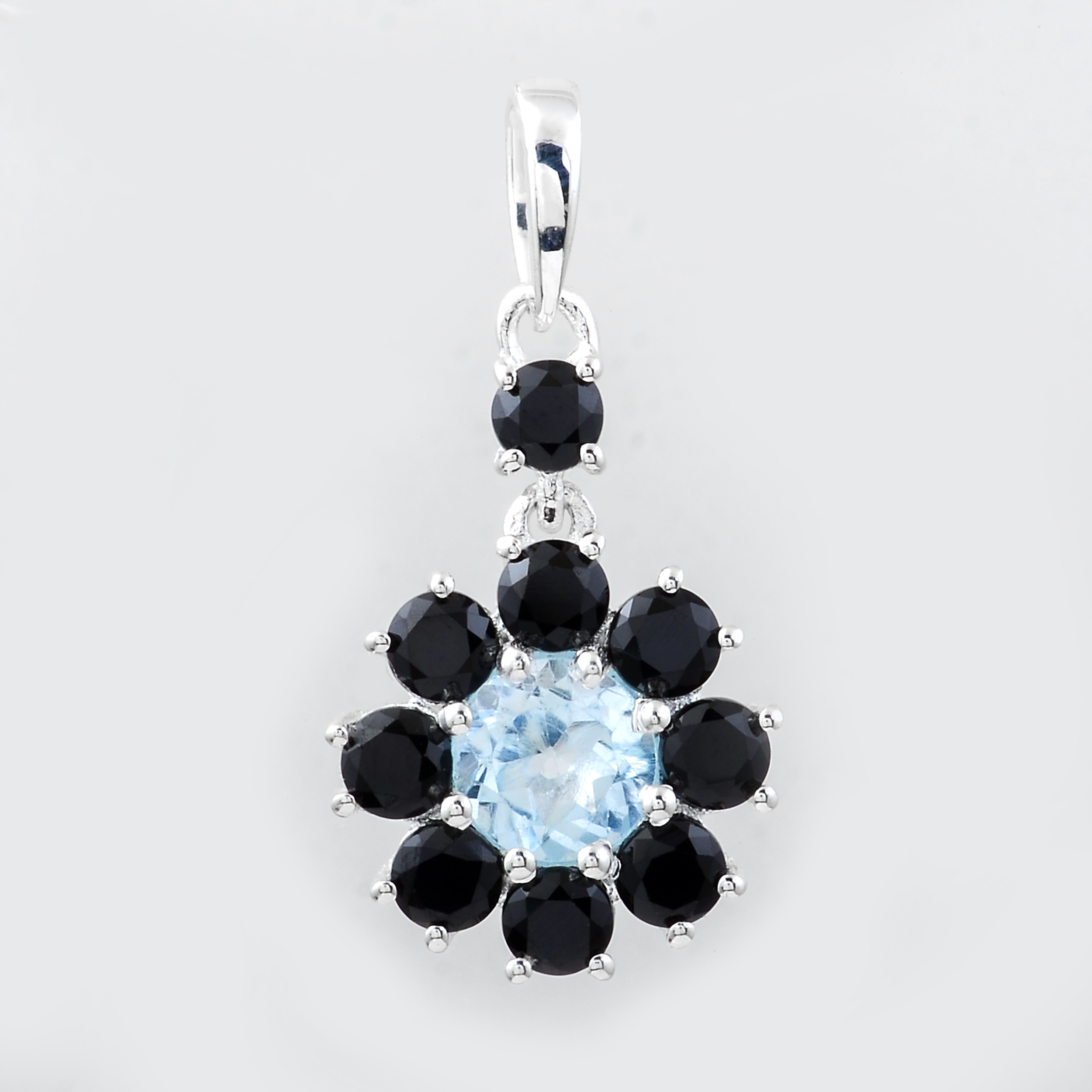 NO RESERVE 1.27 Ct Round Blue Topaz, Black Spinal, 925 Sterling Silver Pendant