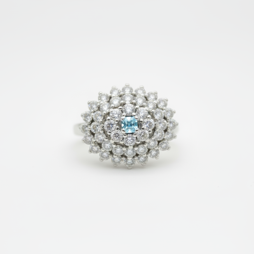 NO RESERVE 1.28 Ct Round Swiss Blue Topaz, Cubic Zirconia 925 Sterling Silver Ring