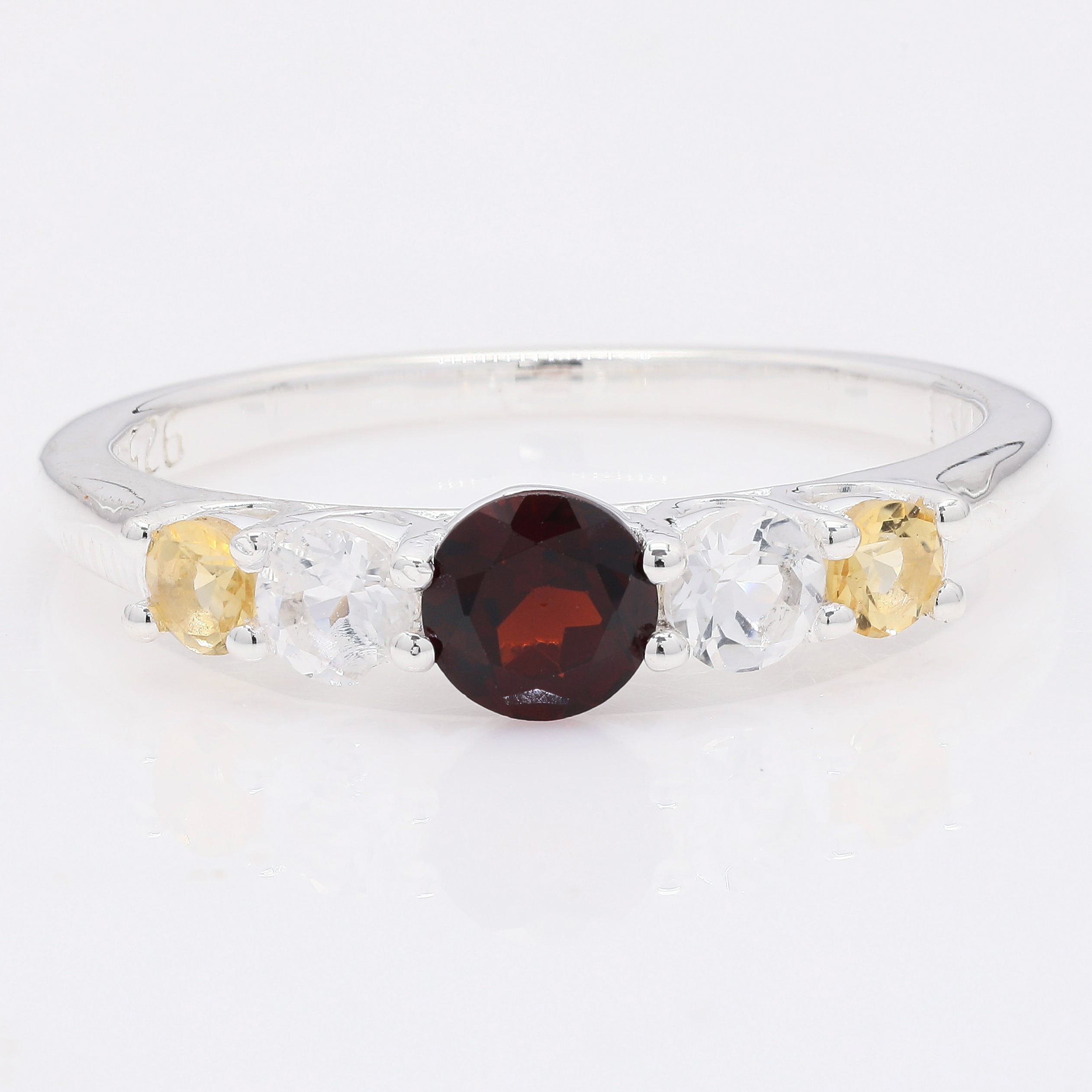 NO RESERVE 1.29 Ct Round Garnet, White Topaz, Citrine 925 Sterling Silver Ring