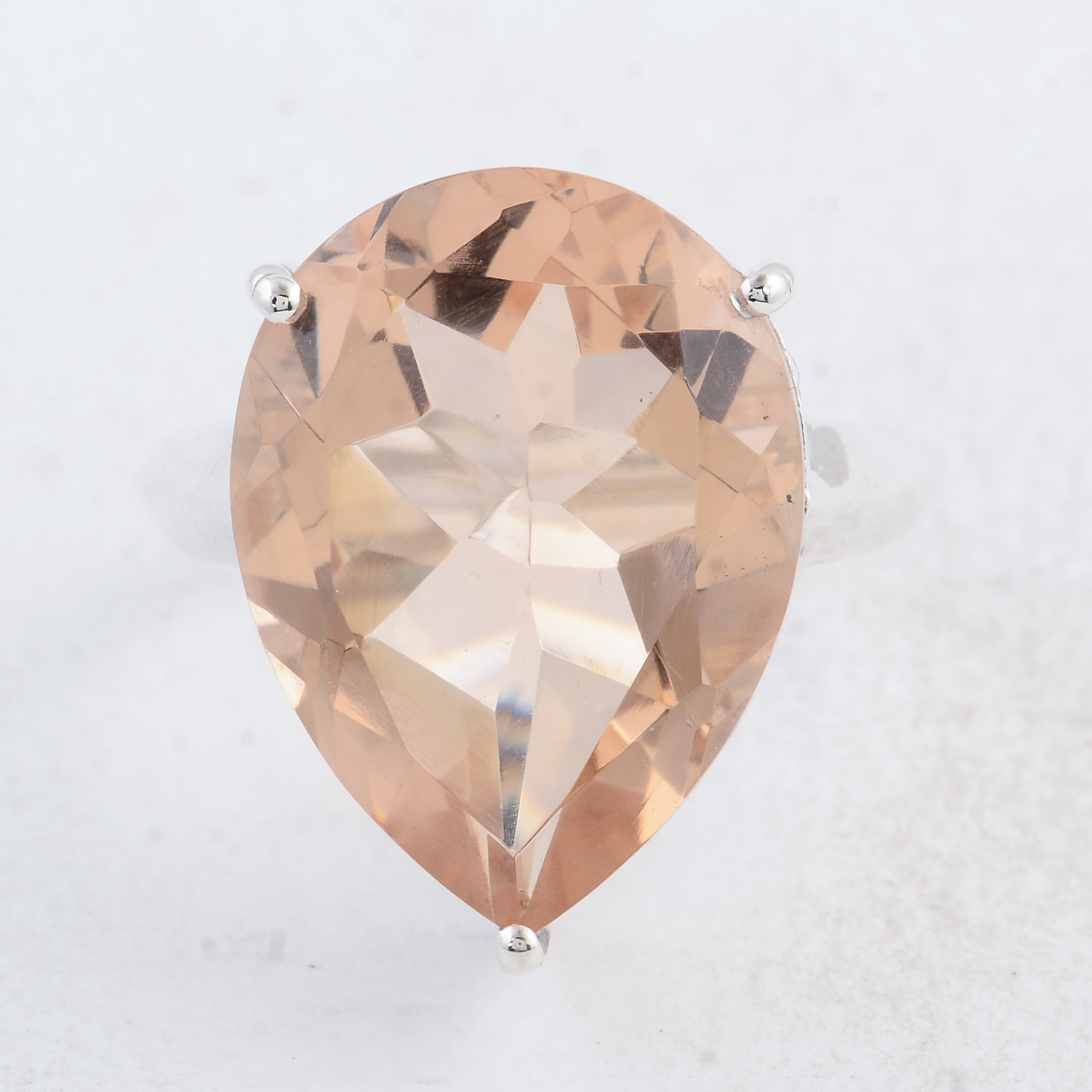 NO RESERVE 12.90 Ct Pear Created Glass Morganite 925 Sterling Silver Ring