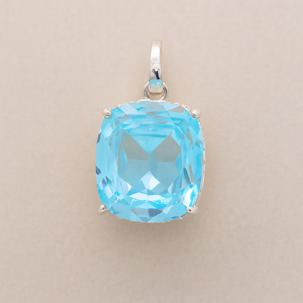 NO RESERVE 14.56 Ct Cushion Blue Cz, White Cz 925 Sterling Silver Pendant