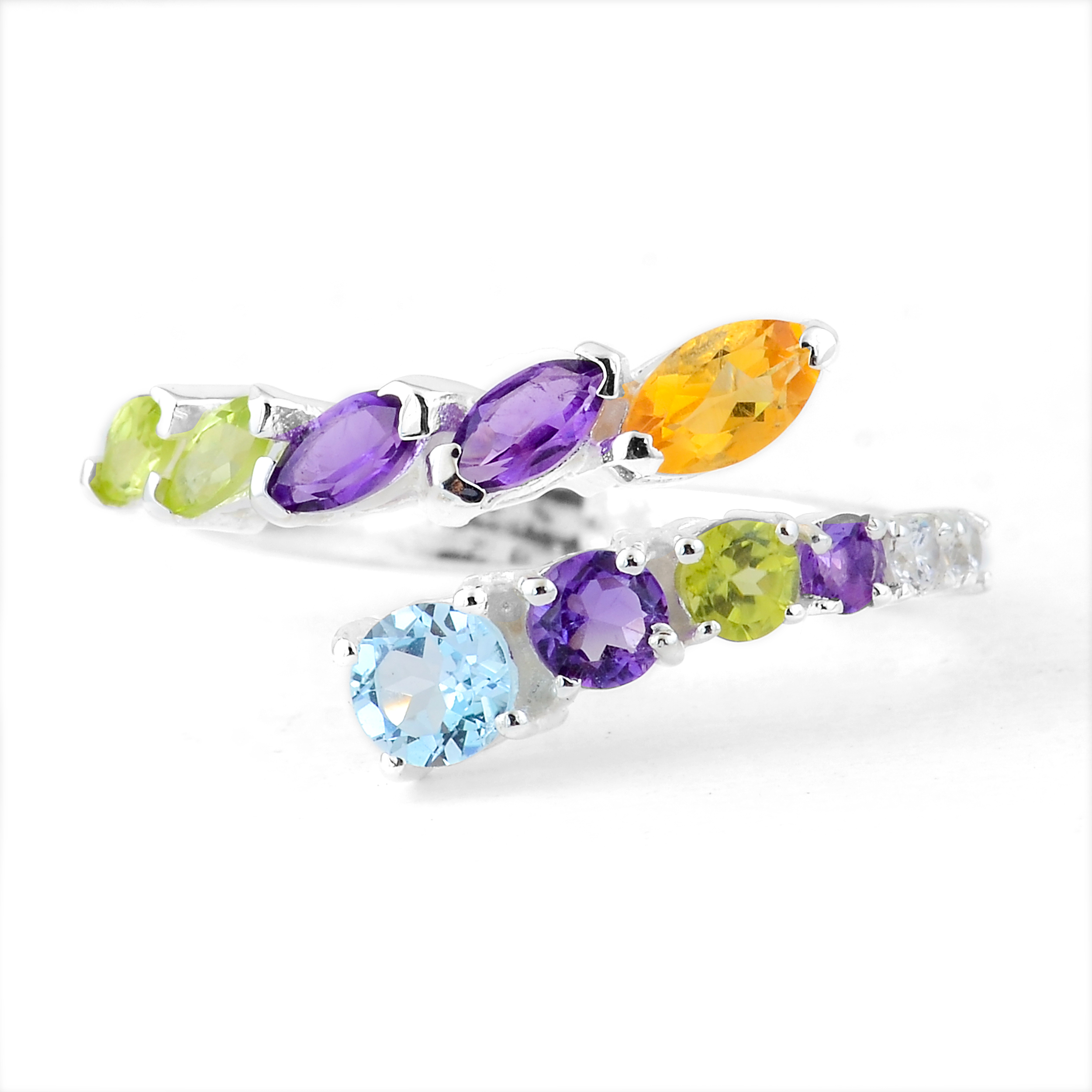 NO RESERVE 1.51 Ct Round Blue Topaz, Amethyst, Peridot, Cubic Zirconia, Citrine 925 Sterling Silver Ring