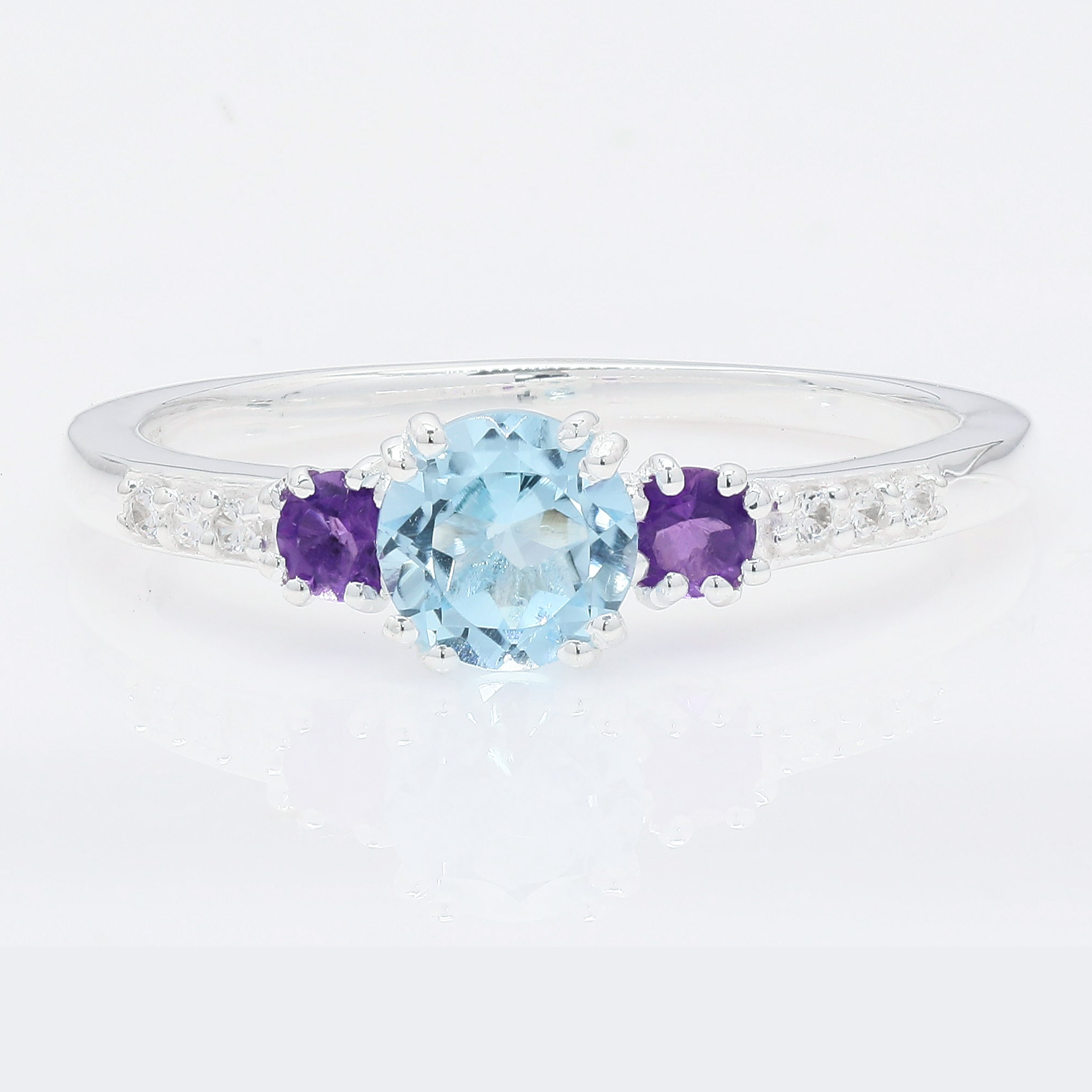 NO RESERVE 1.59 Ct Round Blue Topaz, Amethyst, Cubic Zirconia 925 Sterling Silver Ring