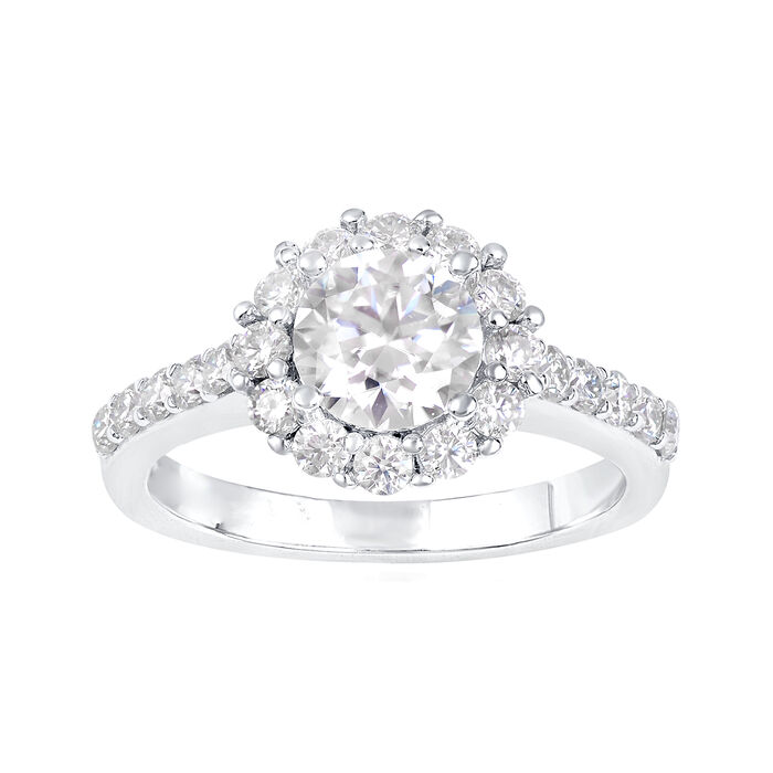 NO RESERVE 1.60 ct. t.w. Moissanite Halo Ring in Sterling Silver. Size 8